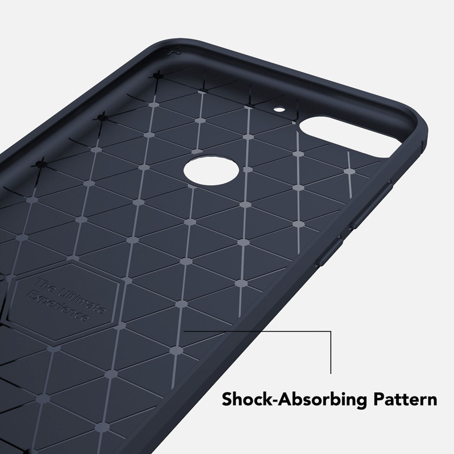 Nahaufnahme eines schwarzen Handyhüllen-Inneren. Mit geometrischem Muster und dem Text 'The Ultimate Experience'.