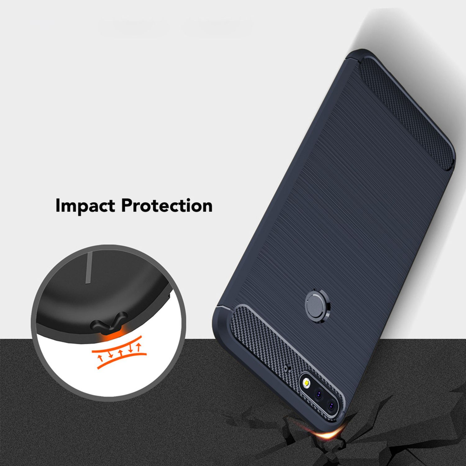 Dunkelblaue Handyhülle mit strukturierter Rückseite, Kamera und IMPACT PROTECTION-Text, auf einer Oberfläche.