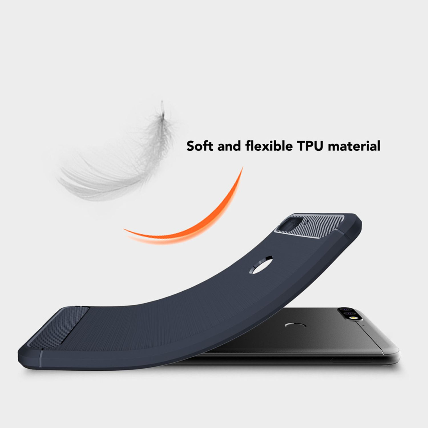 Dunkelblaue Handyhülle gebogen mit Federgrafik, wirbt für weiches und flexibles TPU-Material.