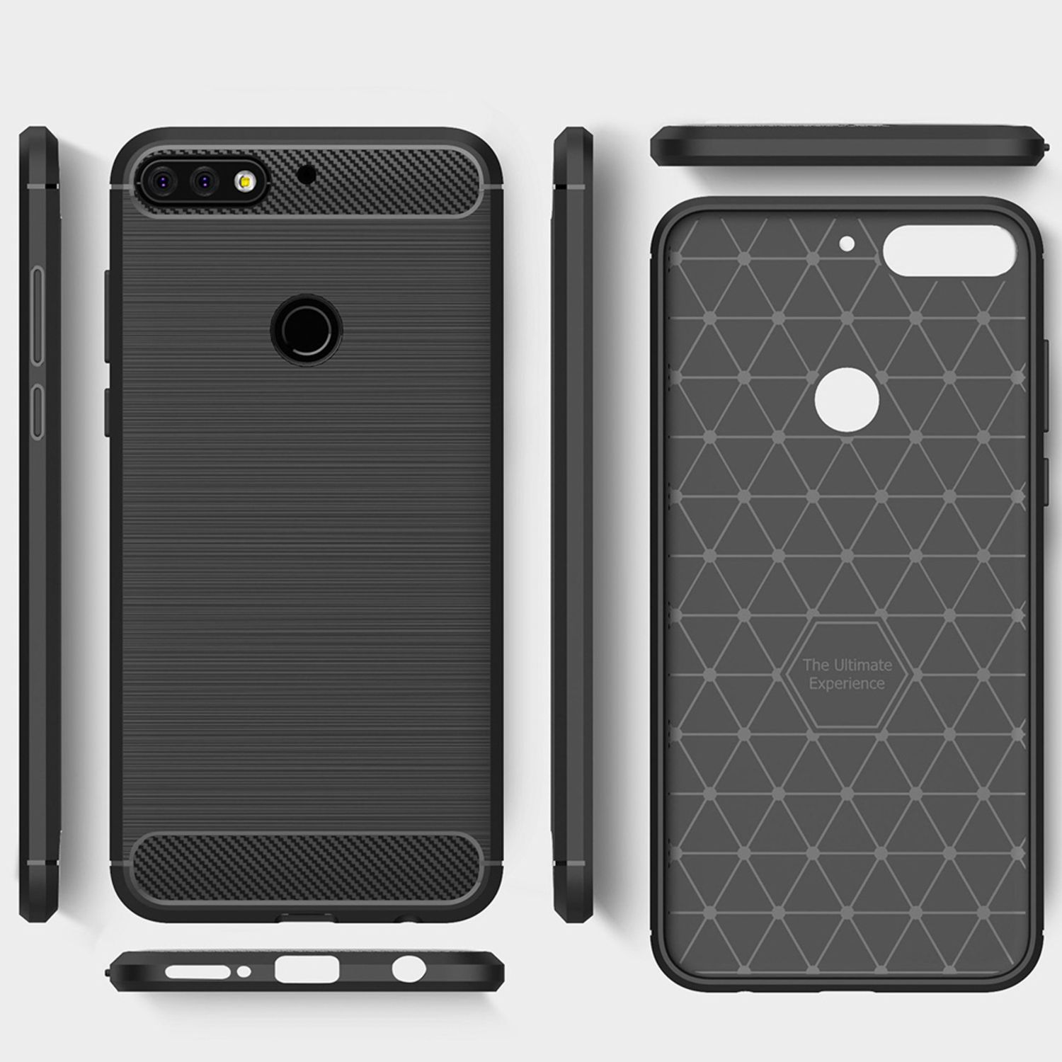 Eine Handyhülle mit einem schwarz-grauen Design. Die Hülle wird aus mehreren Blickwinkeln gezeigt. Die Rückseite hat ein Muster.