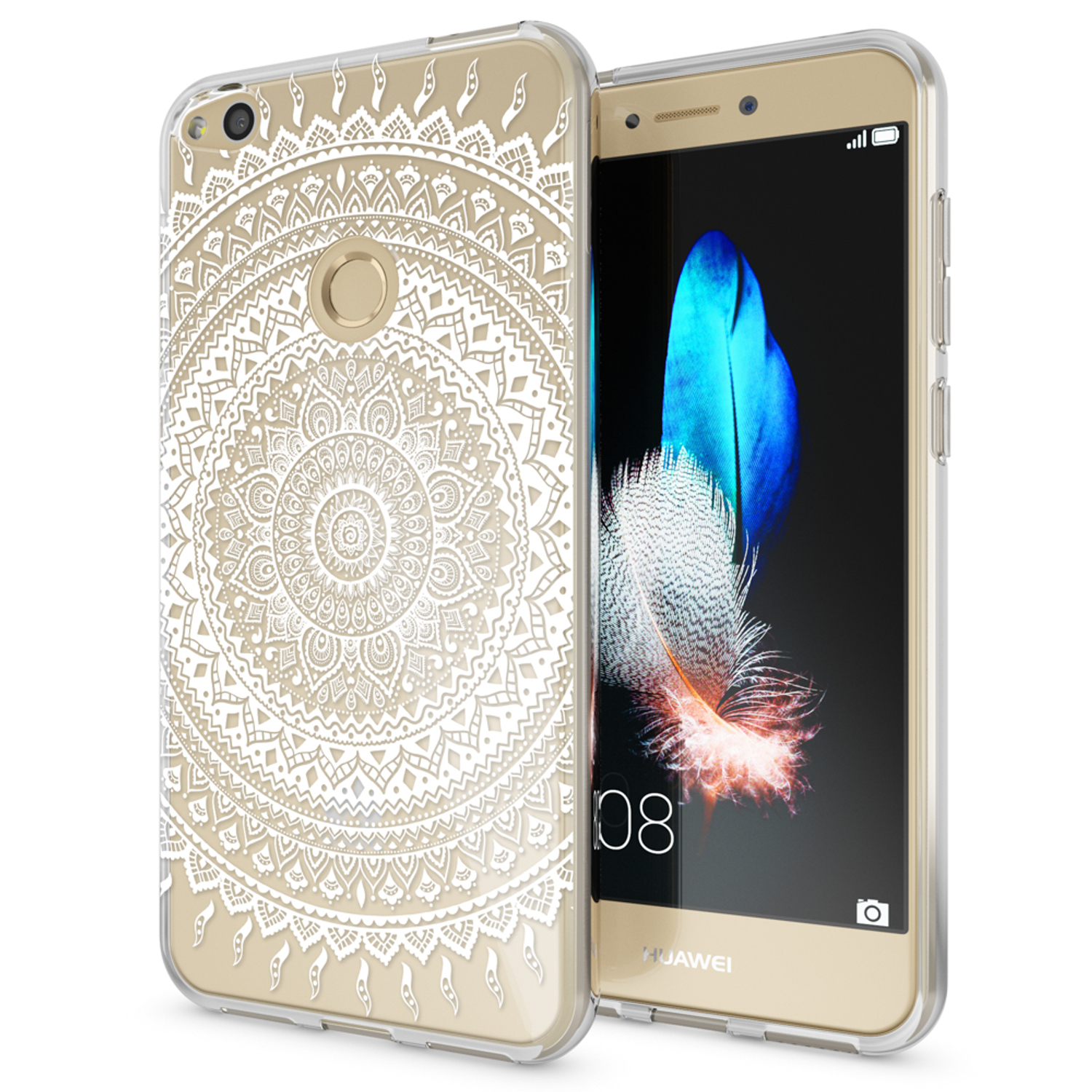 Teléfono en funda dorada con diseño de mandala blanco, sobre fondo dorado.