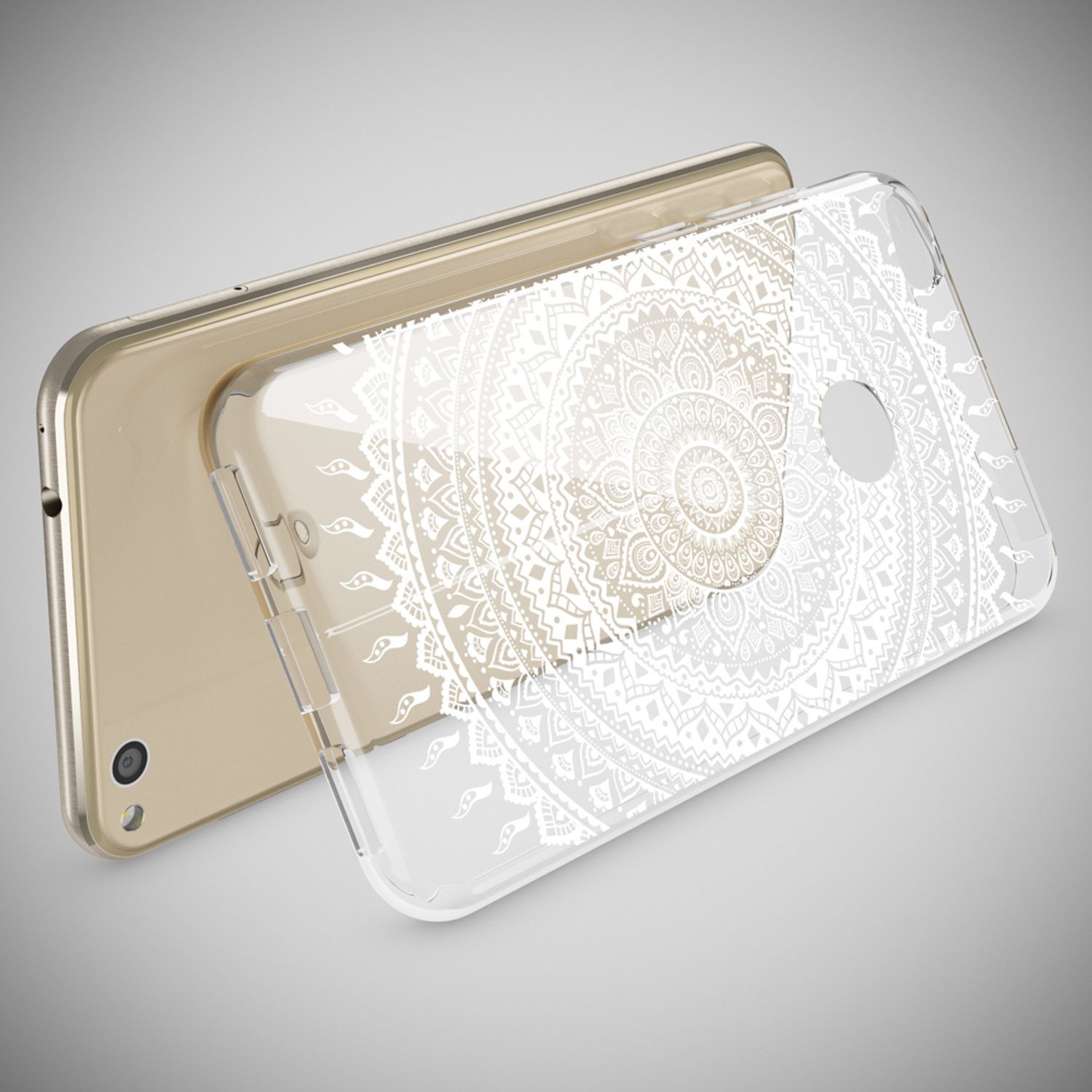 Funda de teléfono con un diseño de mandala blanco. El teléfono es dorado.