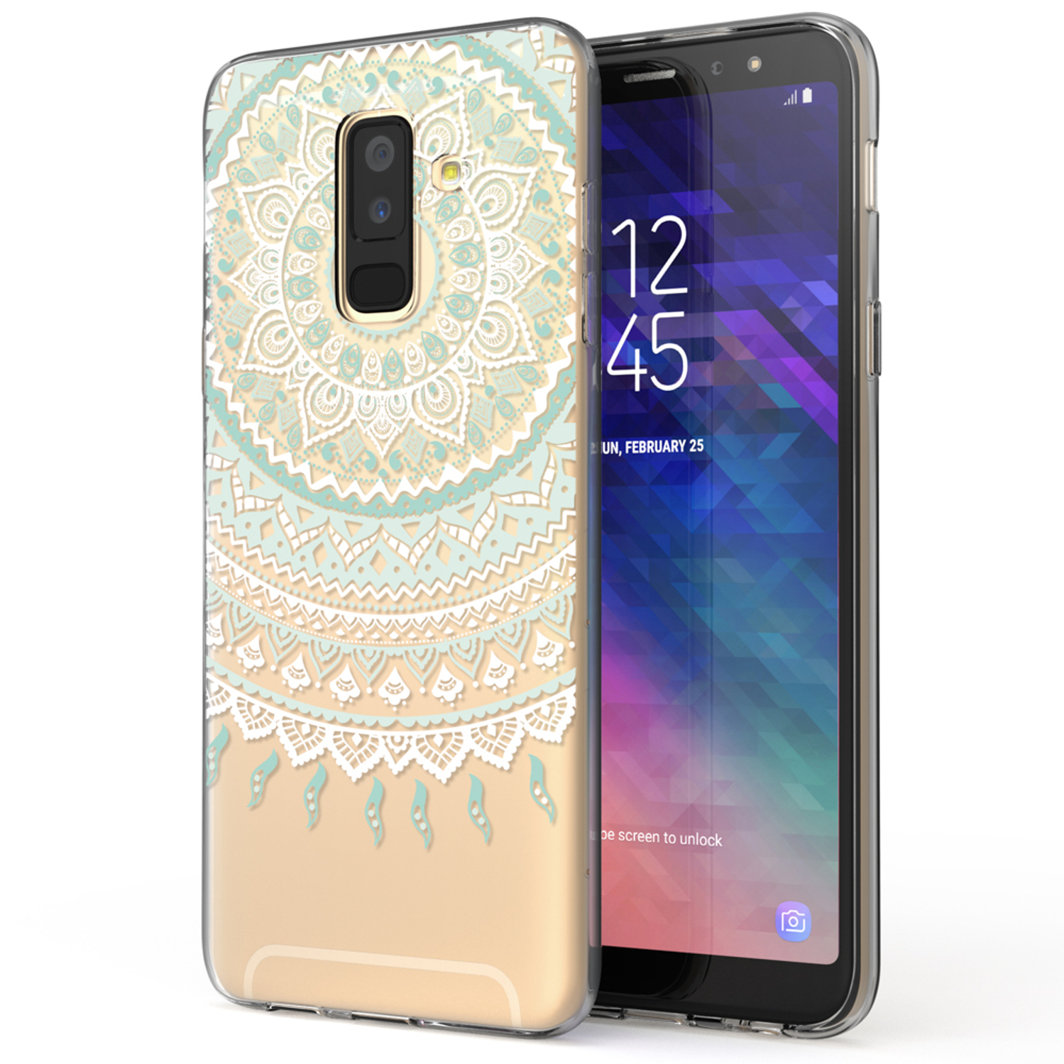 Telefon mit Mandala-Design-Hülle. Der Bildschirm des Telefons zeigt die Uhrzeit an.