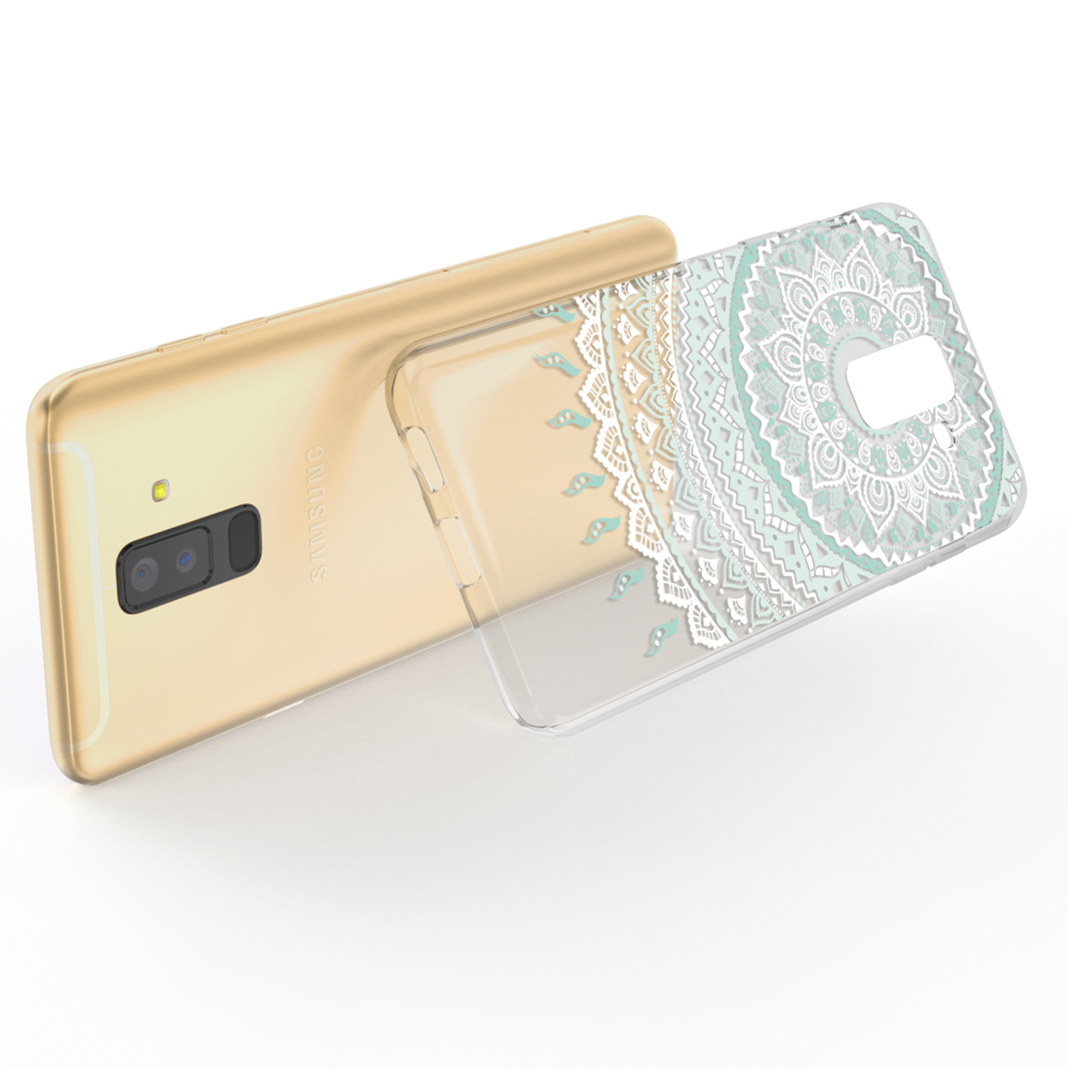 Handyhülle mit durchsichtigem Rücken und weißem Muster auf einem goldenen Telefon.