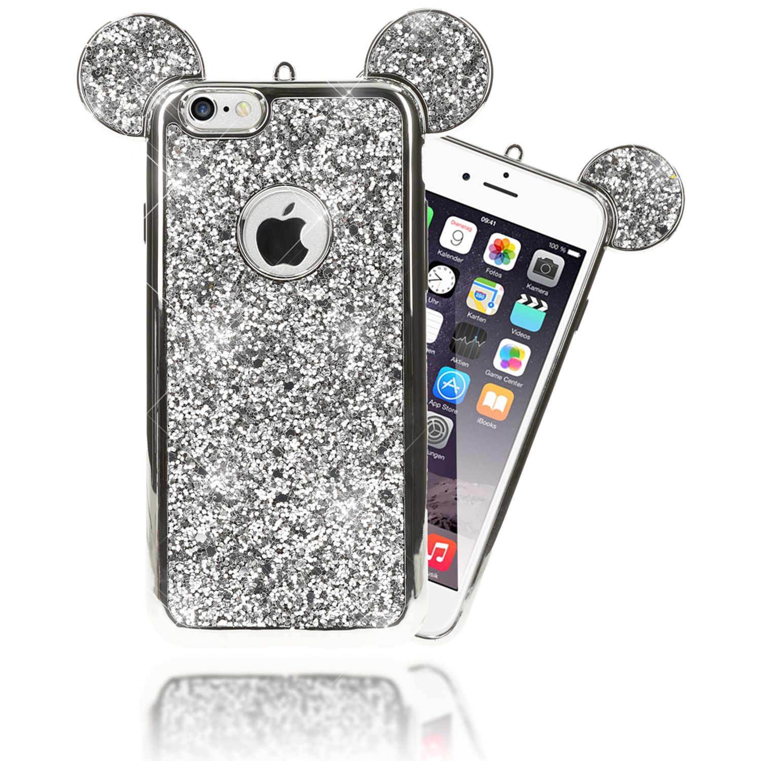 Custodia per telefono glitterata argentata con orecchie di Topolino e telefono.