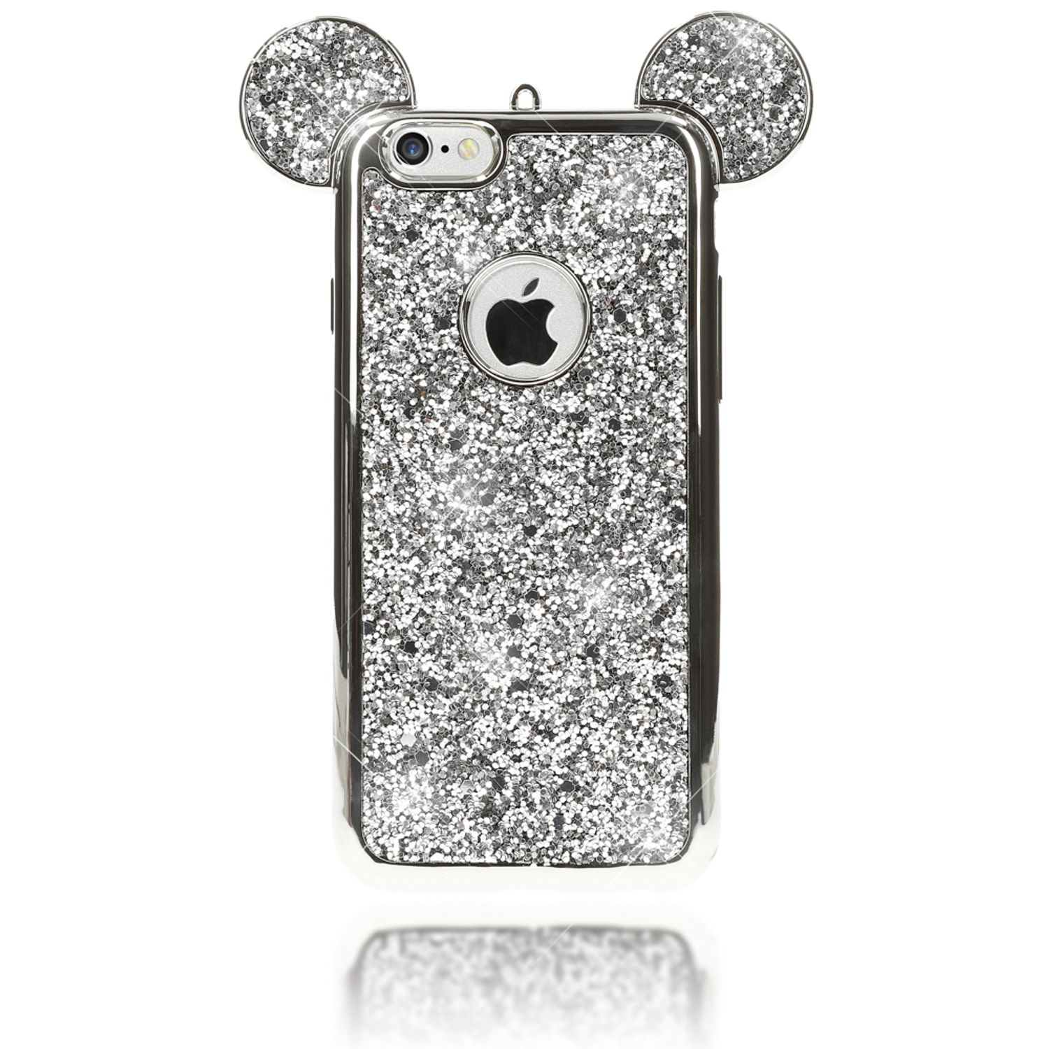 Custodia per telefono glitterata argentata con orecchie di Topolino.