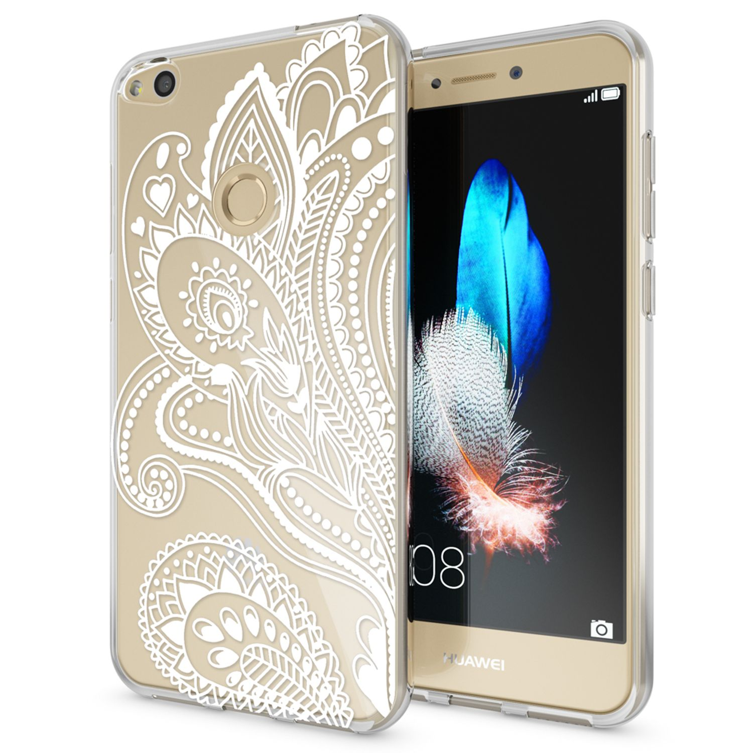 Telefon in Hülle mit weißem Blumendesign. Das Telefon ist goldfarben. Der Bildschirm zeigt Feder.
