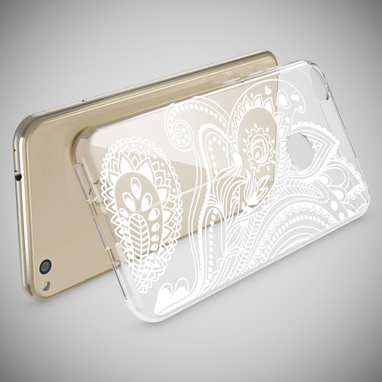 Eine transparente Handyhülle mit weißem Blumendesign. Das Telefon ist golden und abgewinkelt.