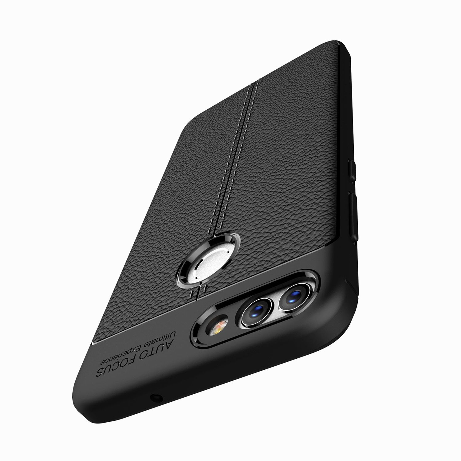 Schwarze Handyhülle mit strukturiertem Design, Kamera und den Worten 'AUTO FOCUS'.