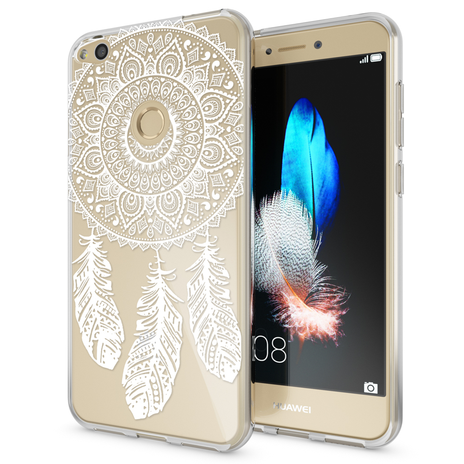 Transparente Handyhülle mit Mandala- und Federdesign, zeigt einen Telefonbildschirm.