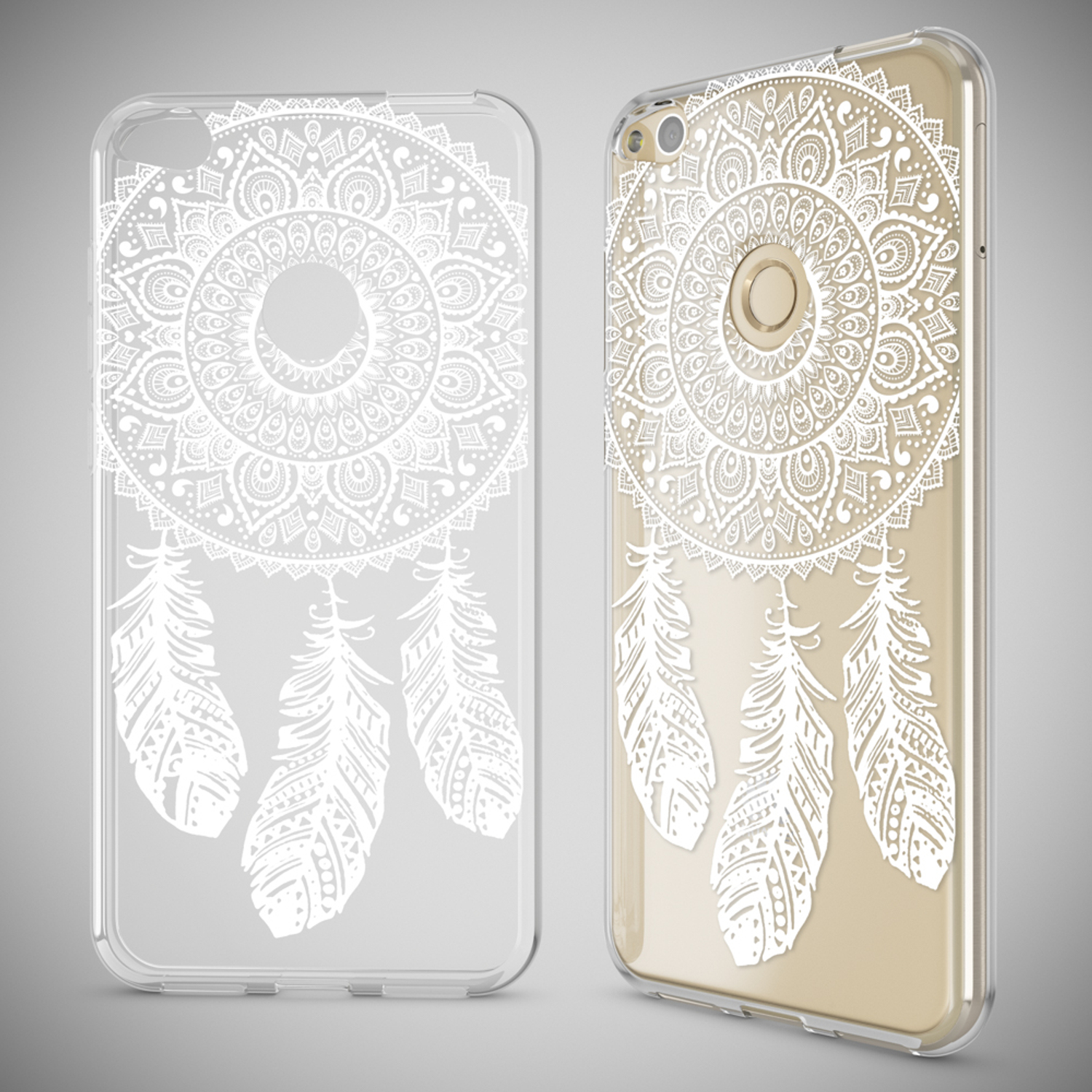 Transparente Handyhülle mit weißem Traumfänger-Design und Federn.