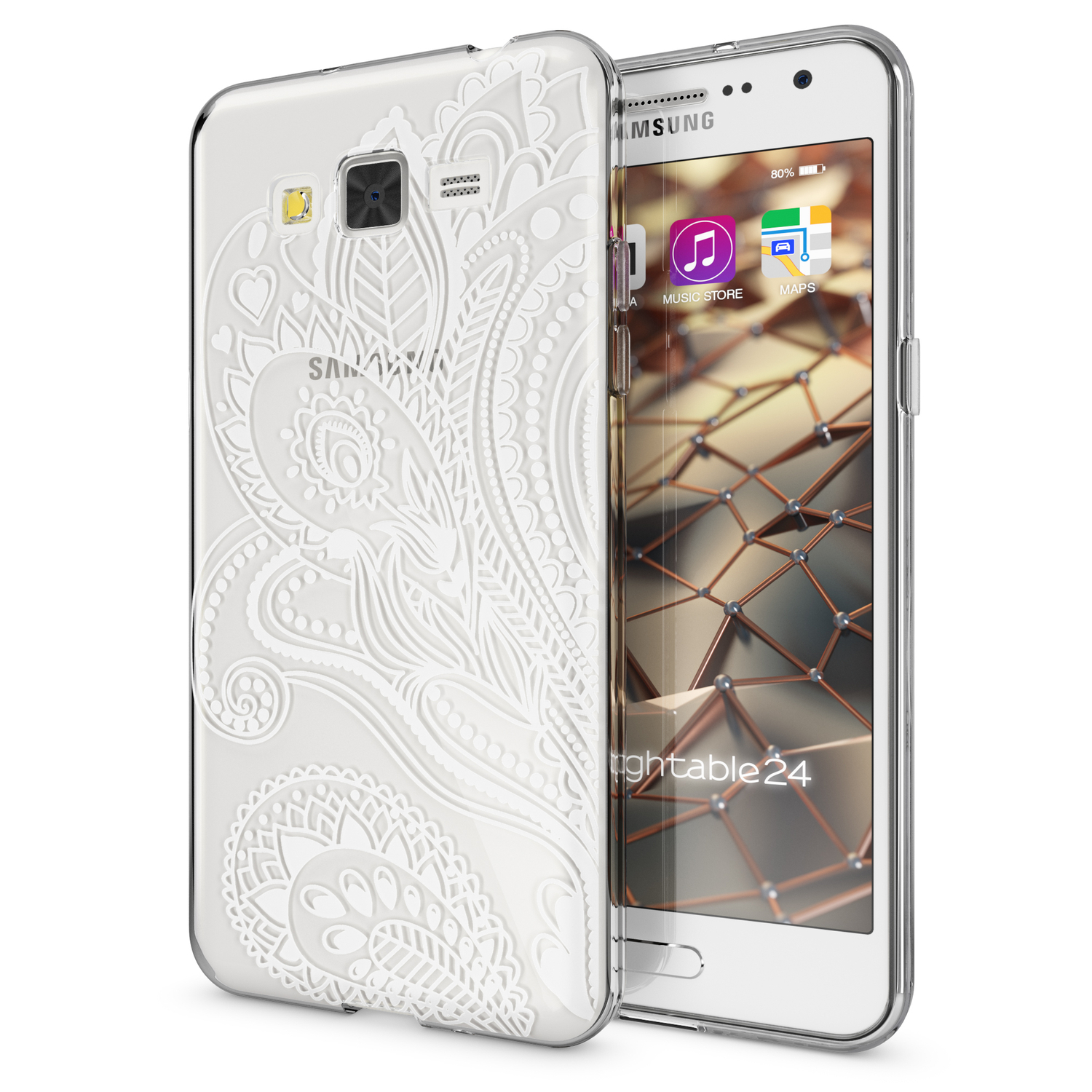 Teléfono blanco con funda transparente. La funda tiene un diseño floral blanco. La pantalla del teléfono muestra aplicaciones.