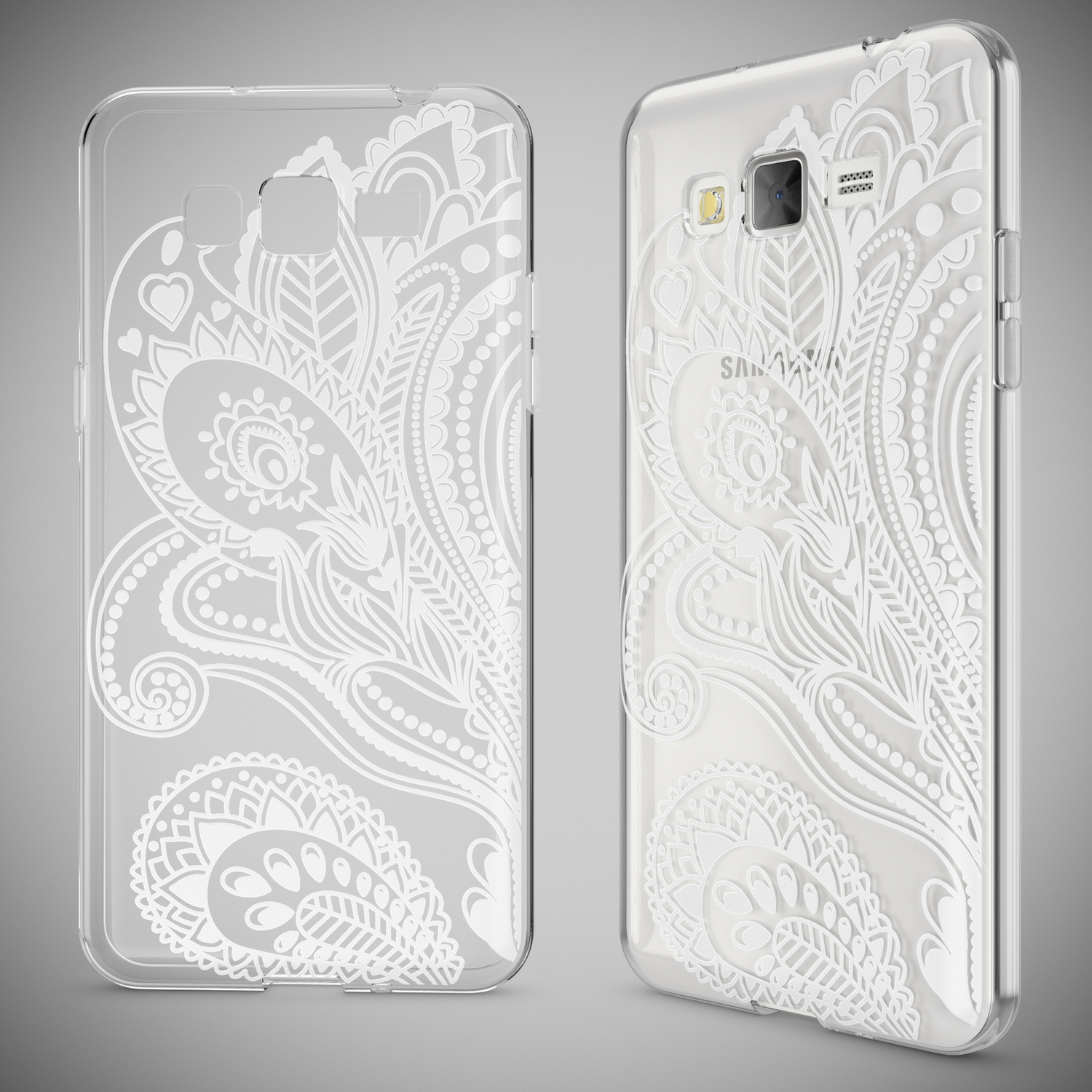Funda transparente para teléfono con diseño floral blanco. Dos vistas, una en ángulo. Fondo gris.