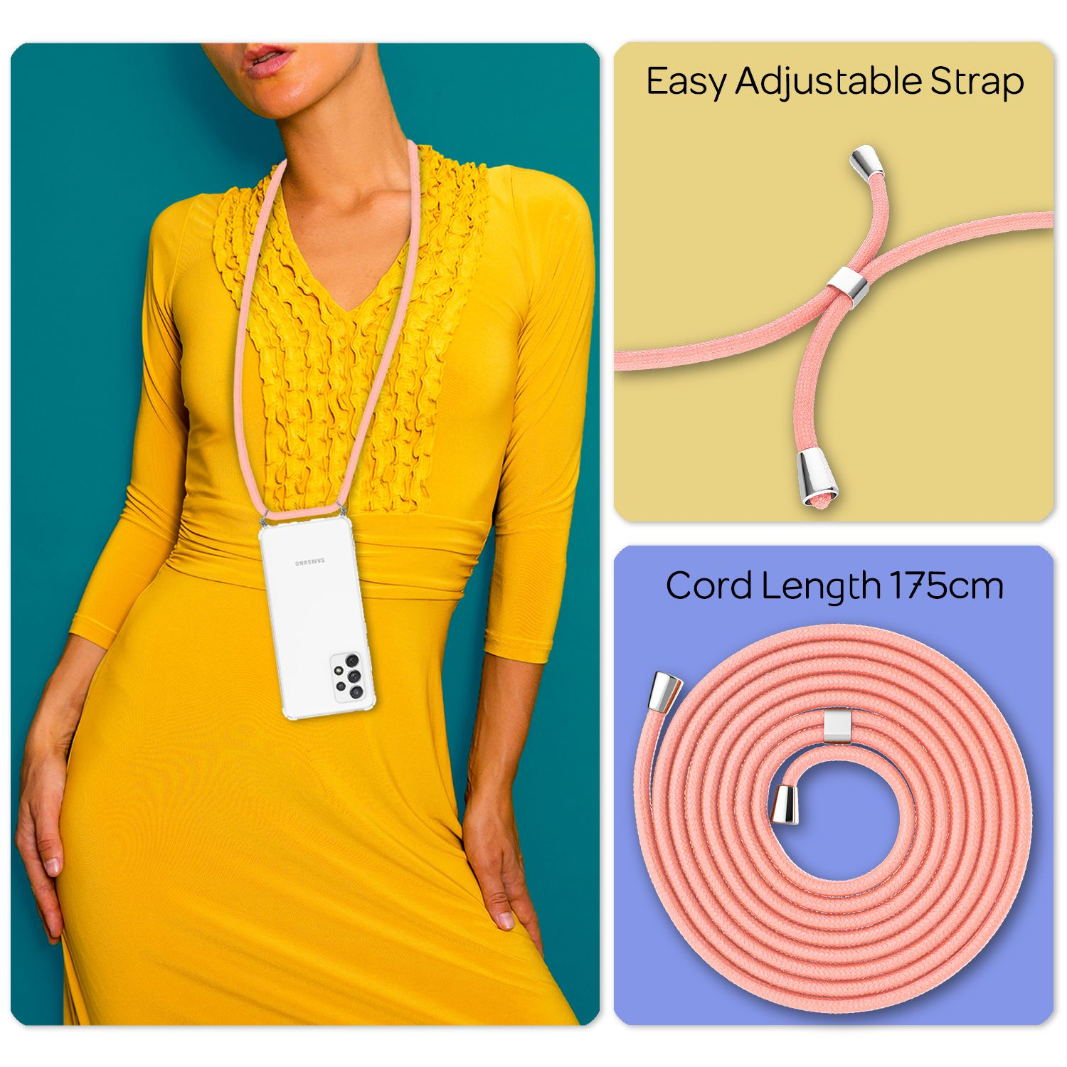 Donna in abito giallo con telefono su cinturino rosa. Dettagli: cinturino regolabile, lunghezza cordino 175cm, primo piano del cordino.