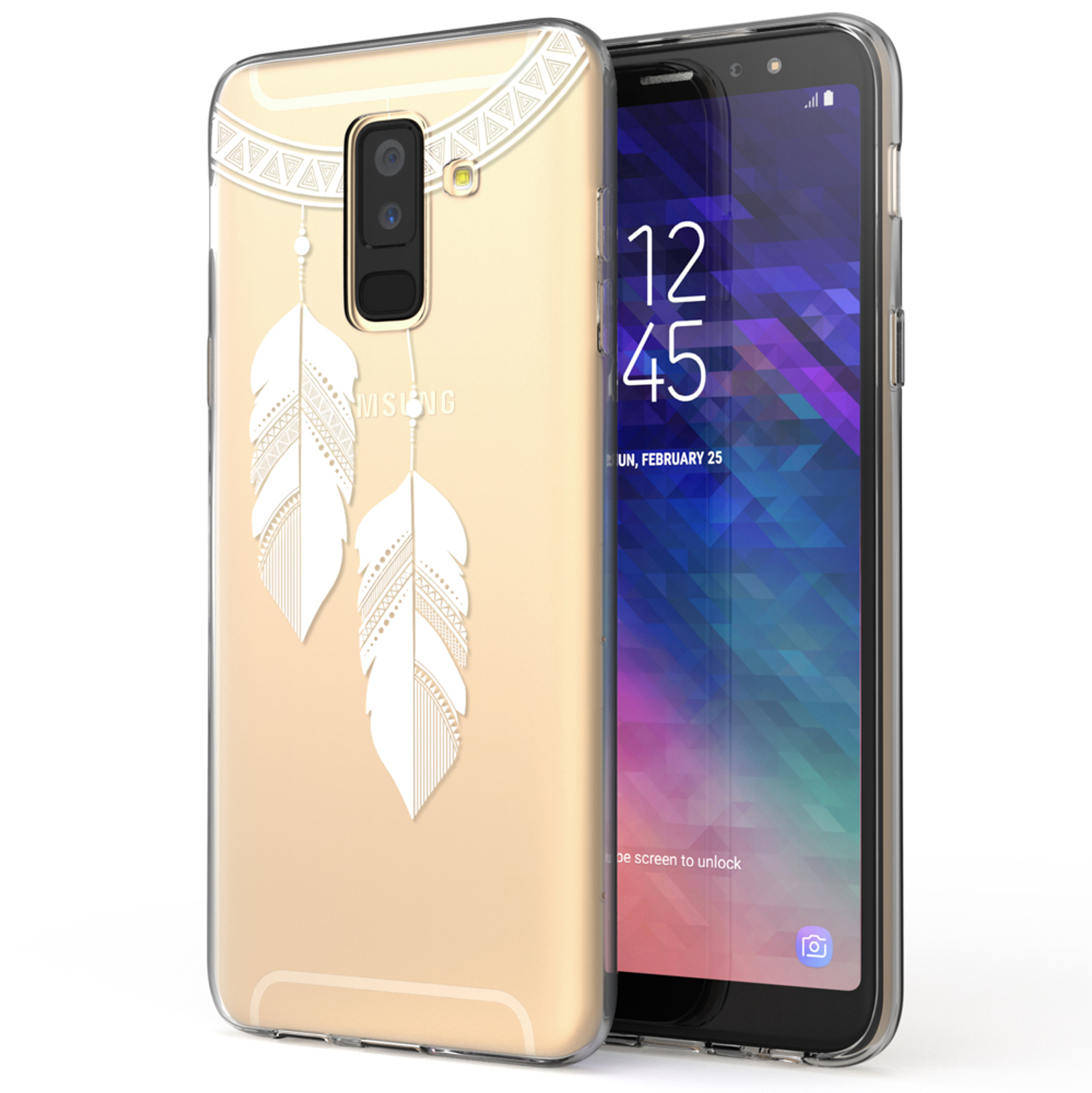 Ein Telefon mit Hülle. Die Hülle ist hellbraun mit weißem Federdesign.