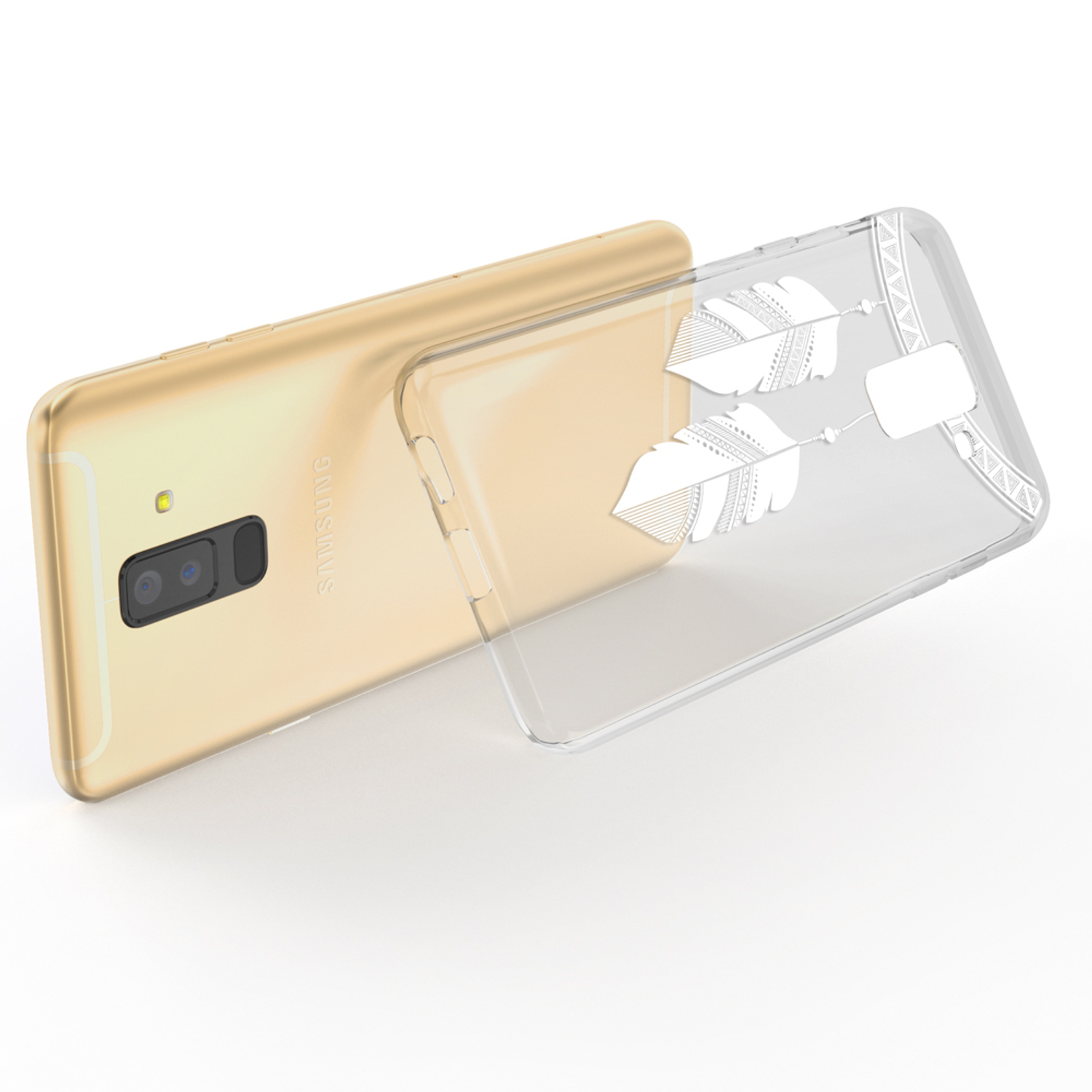 Goldenes Telefon mit einer transparenten Hülle. Die Hülle hat ein weißes Federdesign. Das Telefon ist abgewinkelt.