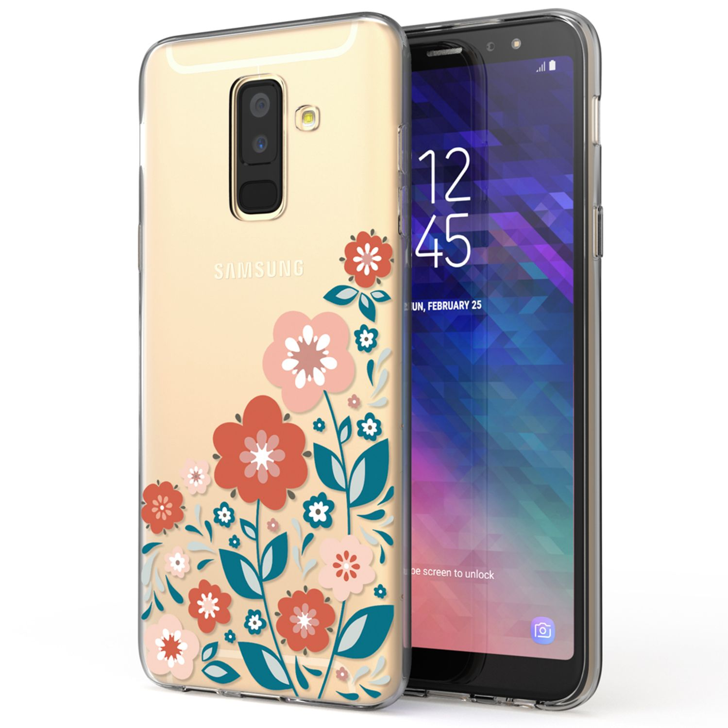 Telefon mit floraler Hülle. Blumen rot, rosa und weiß auf transparentem Hintergrund. Samsung Logo.
