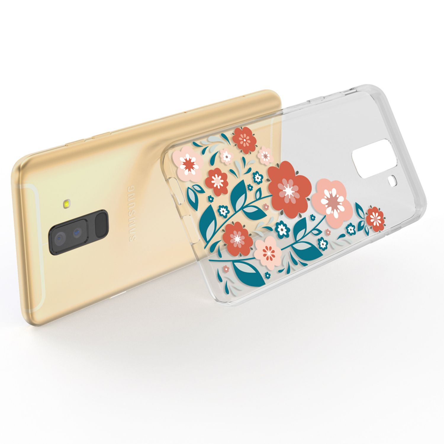 Telefon mit einer Hülle mit Blumendesign. Blumen in Rosa, Koralle und Weiß. Blaue und grüne Blätter.