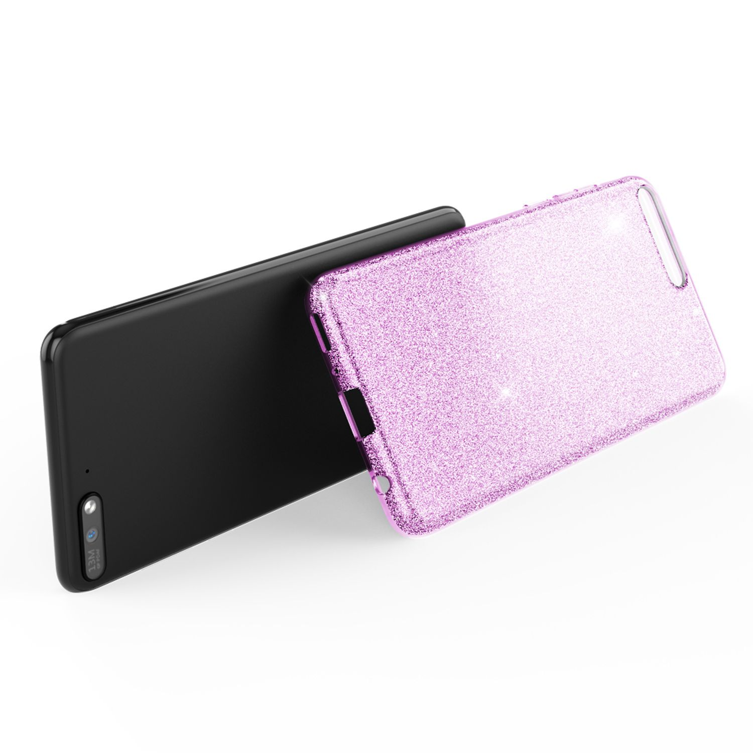 Schwarzes Telefon mit einer rosa Glitzerhülle. Die Hülle lehnt am Telefon.