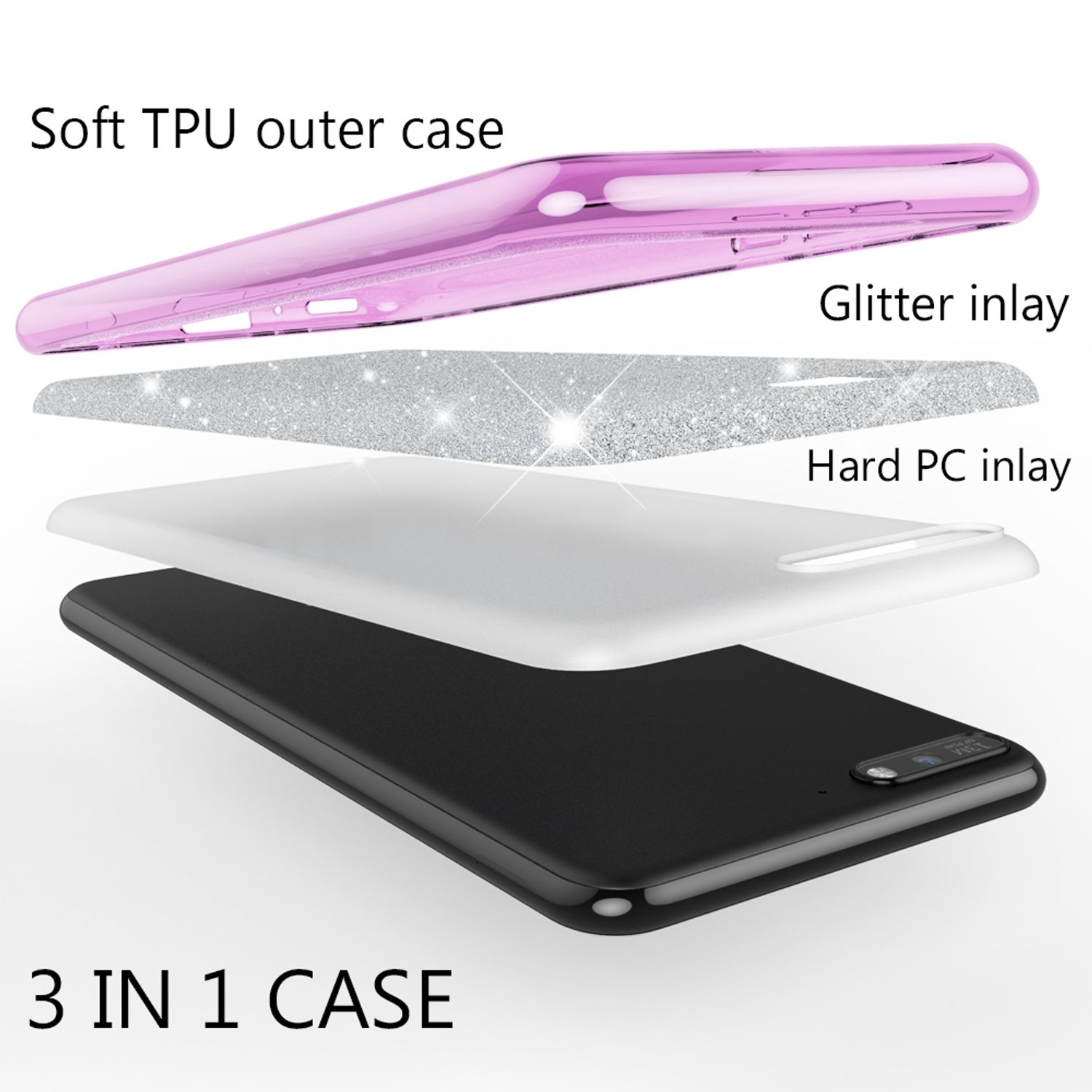 Handyhülle mit Schichten. Weiche TPU-Außenschicht, Glitzer-Inlay und Hart-PC-Inlay über einem schwarzen Telefon.