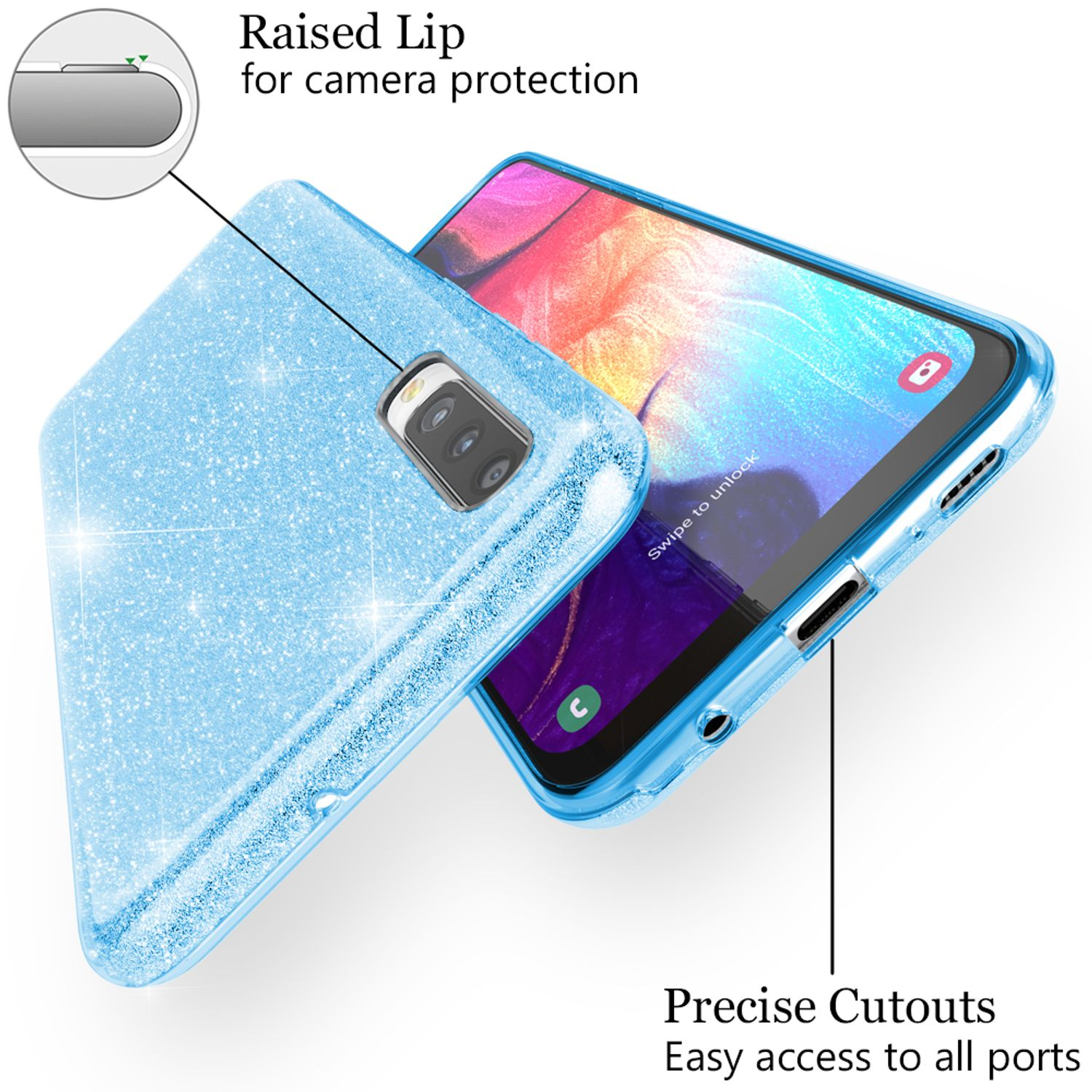 Custodia per telefono blu glitterata su un telefono. Il telefono è blu e ha un ritaglio per la fotocamera.