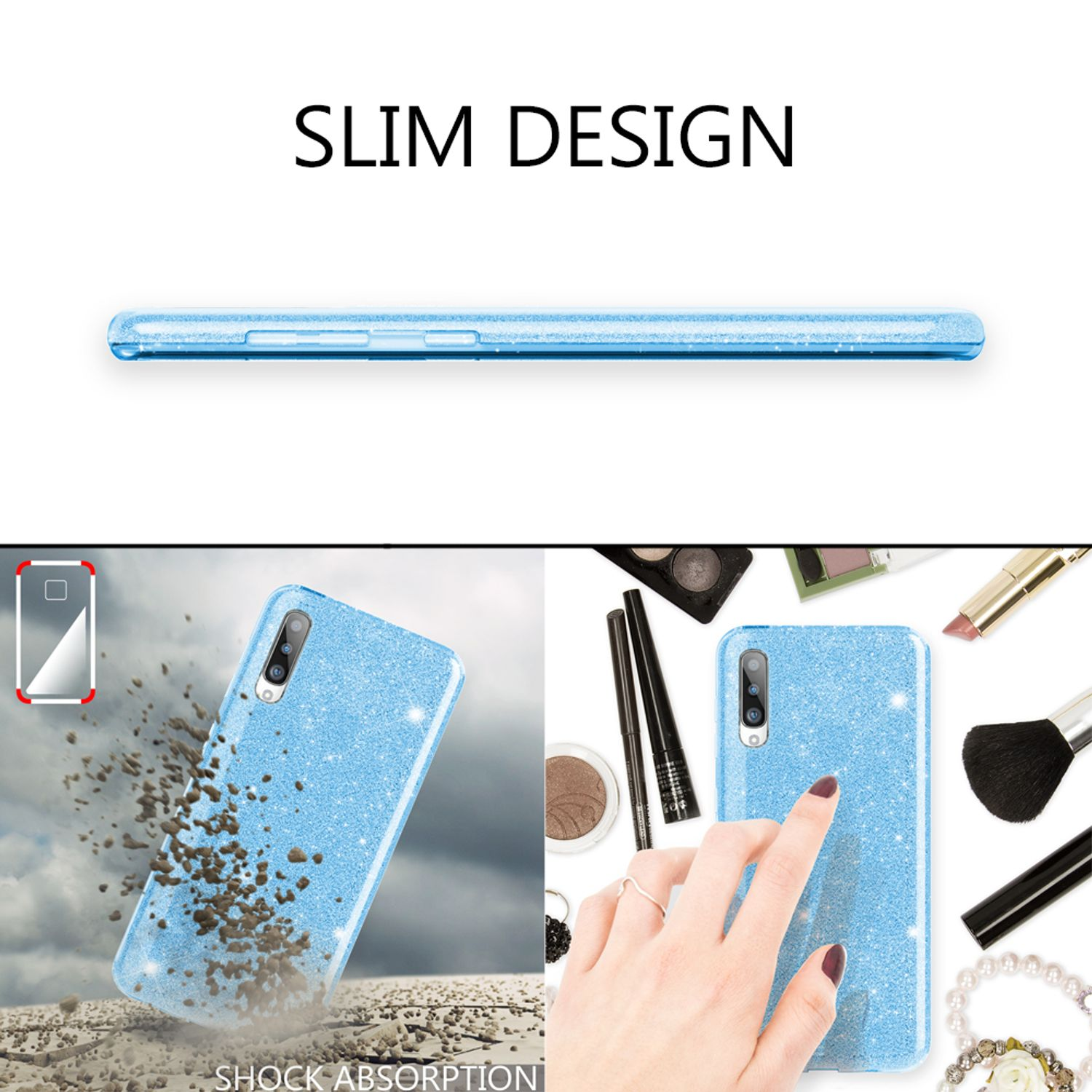 Custodia per telefono dal design sottile, custodia azzurra con brillantini e accessori su una superficie bianca.