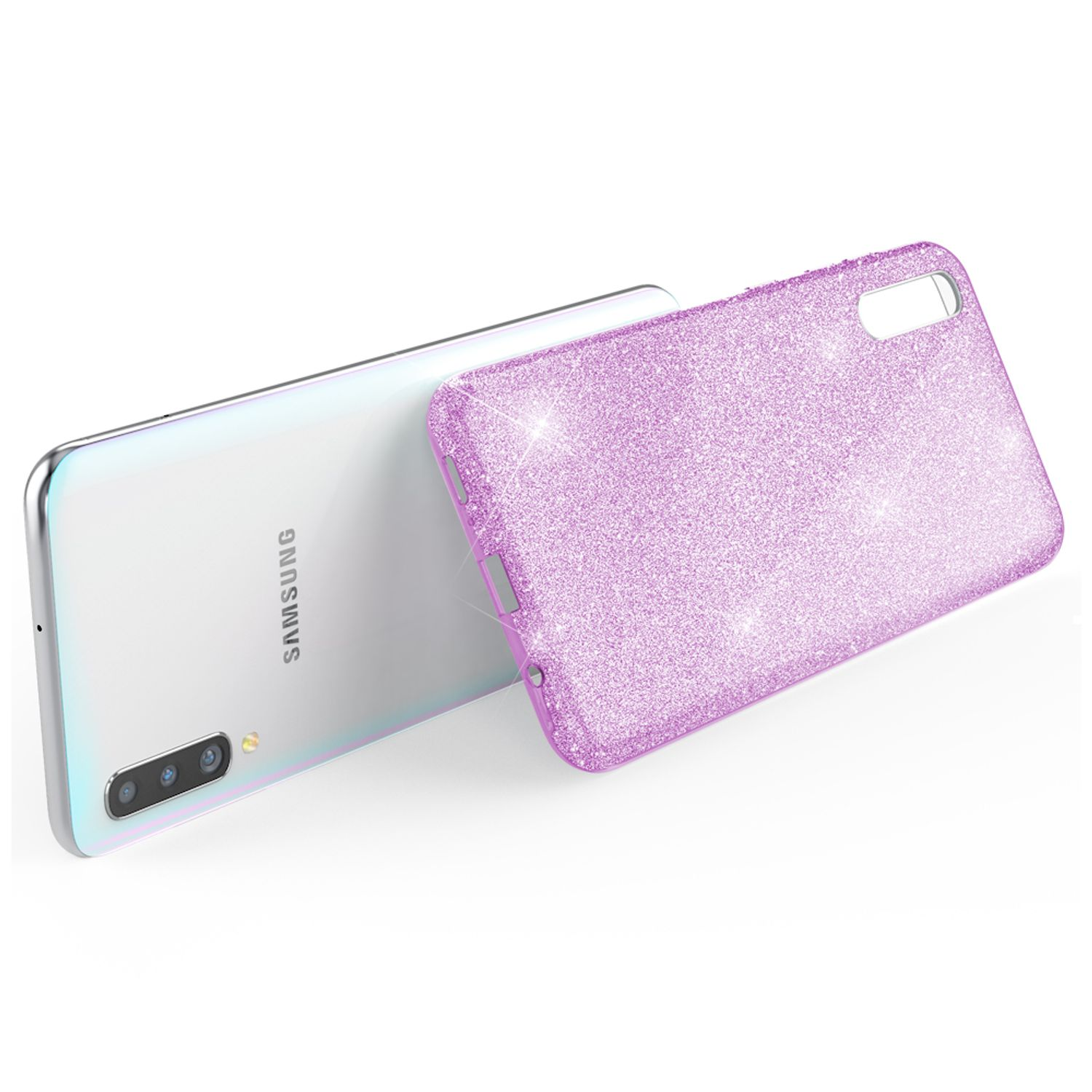 Custodia per telefono rosa glitterata accanto a un telefono bianco, leggermente inclinato.