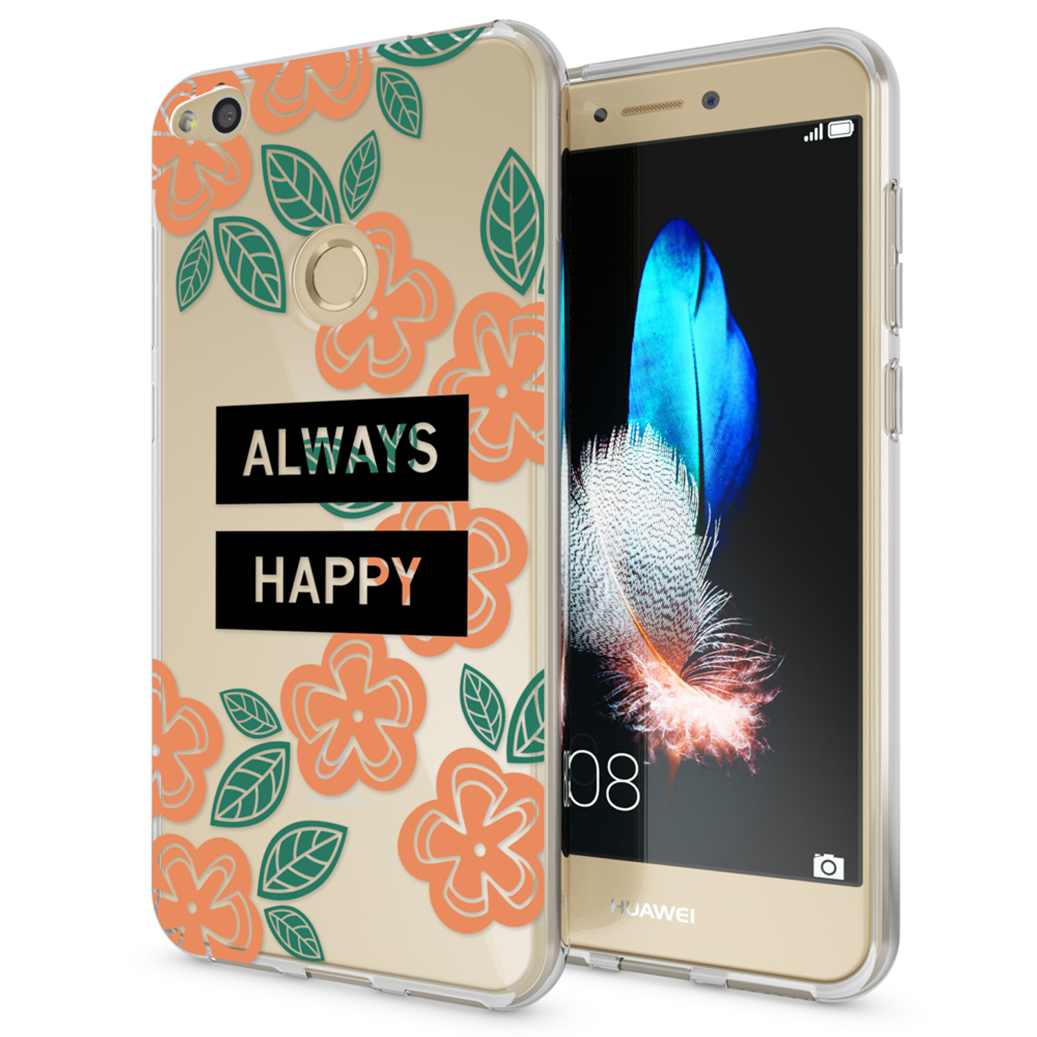 Funda con flores y texto: 'ALWAYS HAPPY'. El teléfono es dorado.