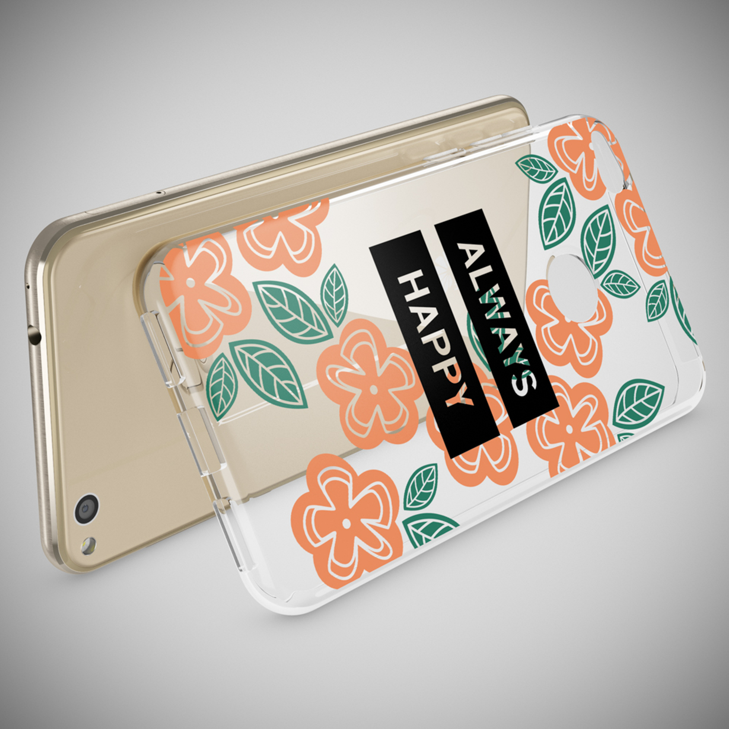 Funda de teléfono con flores naranjas, hojas verdes y las palabras 'ALWAYS HAPPY'.