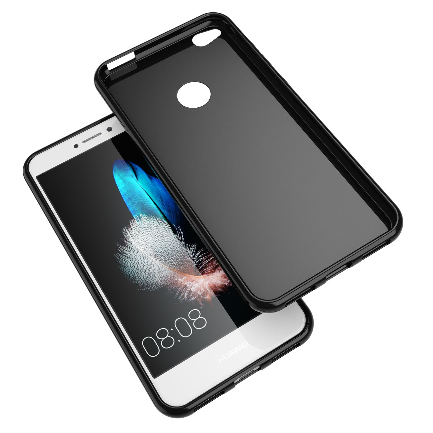 Schwarzes Telefon und Hülle. Der Bildschirm des Telefons zeigt 08:08. Die Hülle ist offen.