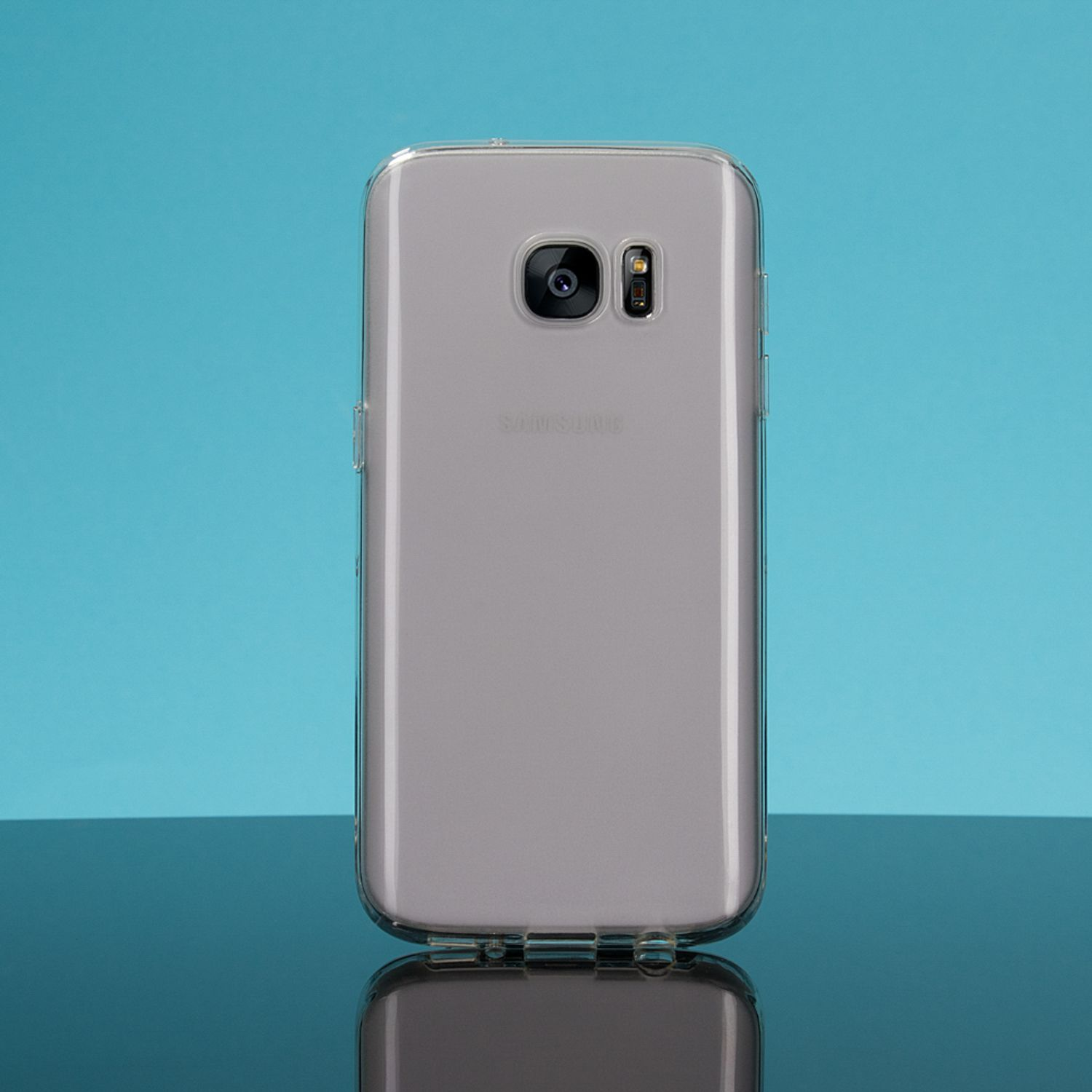 Samsung-Telefon in einer transparenten Hülle. Blauer und türkisfarbener Hintergrund.