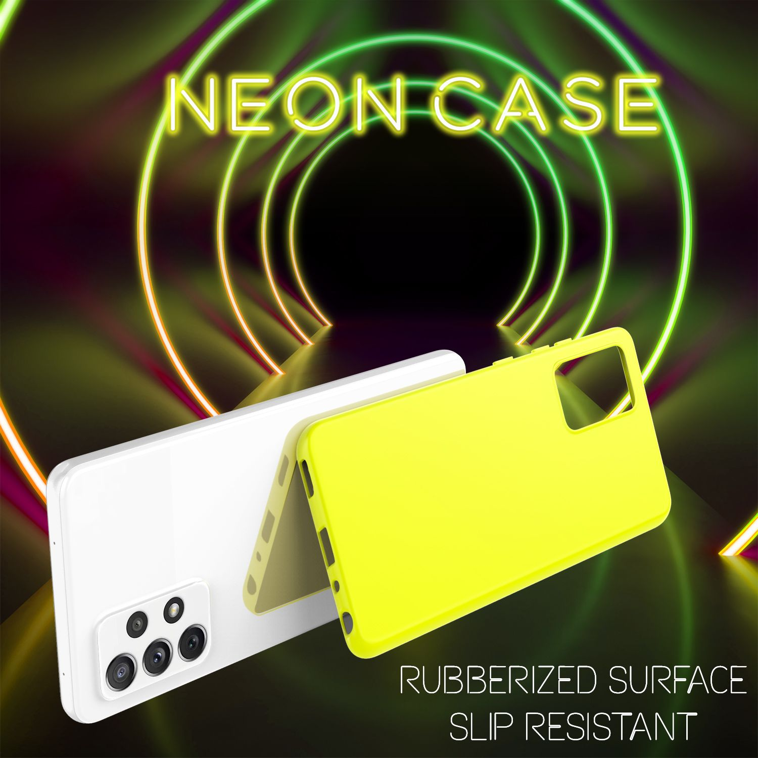 Neongrüne und weiße Handyhüllen mit neon-grün-gelbem kreisförmigen Hintergrund. Die Worte 'NEON CASE'.