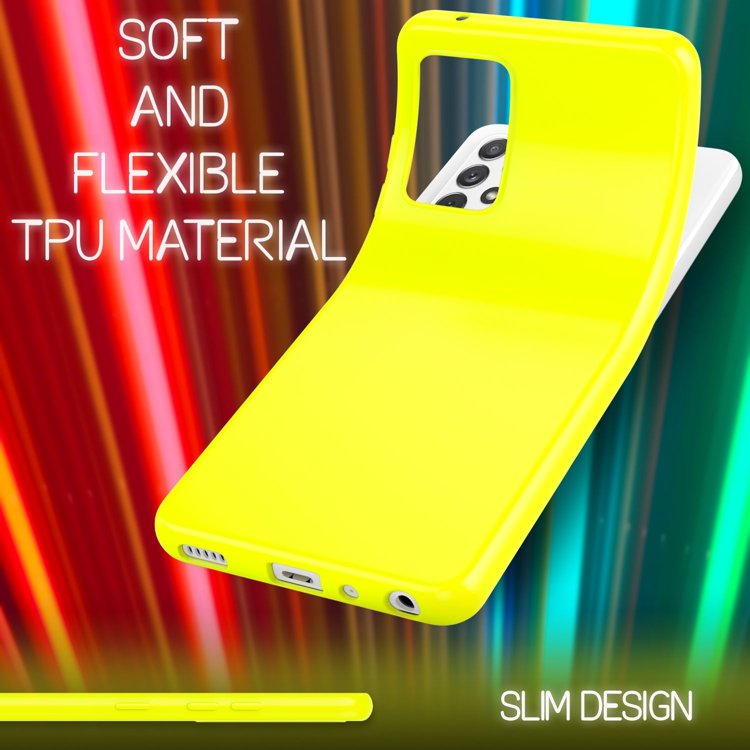 Hellgelbe Handyhülle, weiches und flexibles TPU-Material. Verfügt über schlankes Design und Aussparungen.