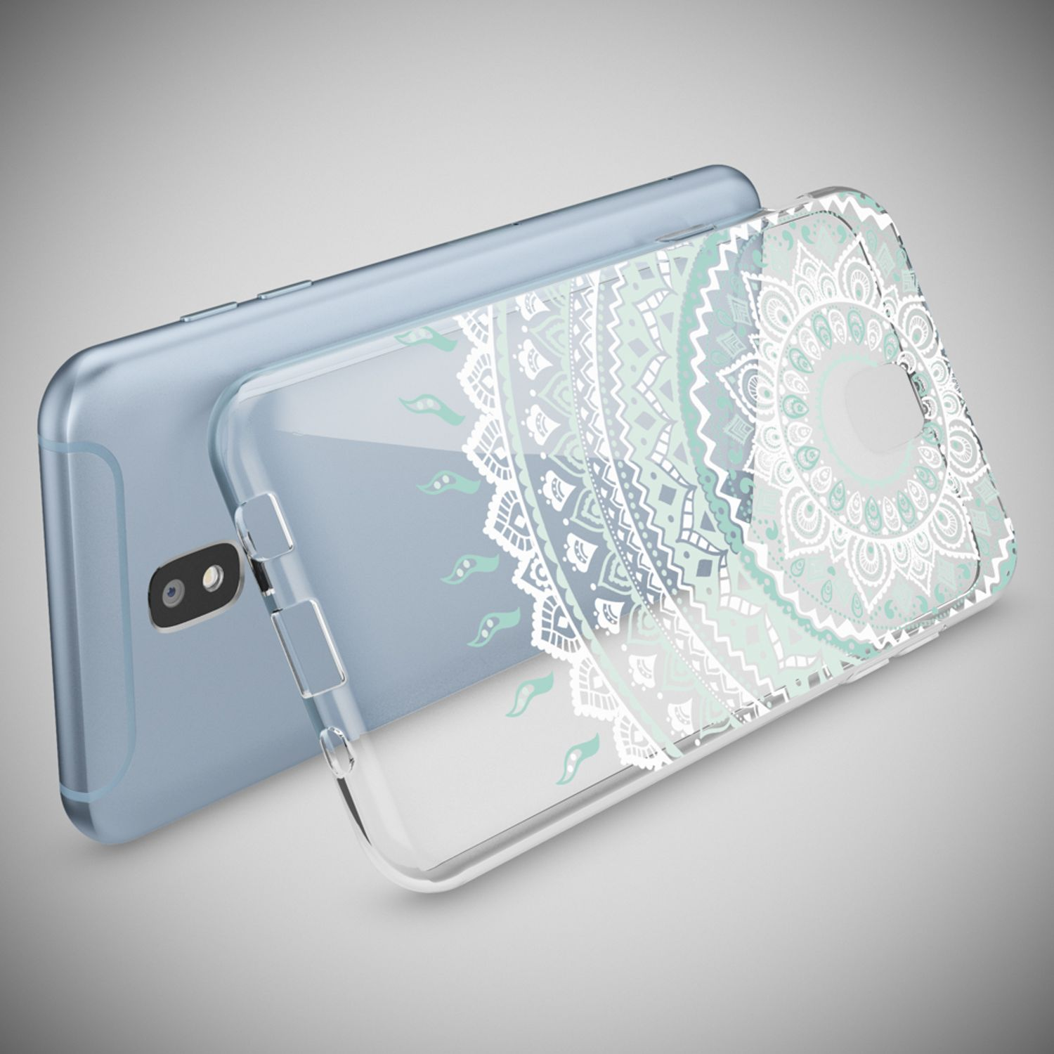 Telefon mit Mandala-Design-Hülle, blaues Telefon. Grauer Hintergrund.
