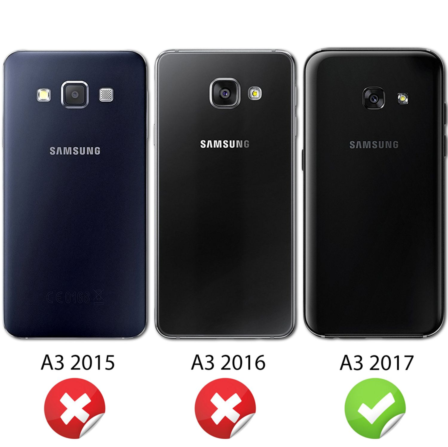 Trois téléphones Samsung A3 de 2015, 2016 et 2017. Le modèle 2017 est marqué comme le bon choix.