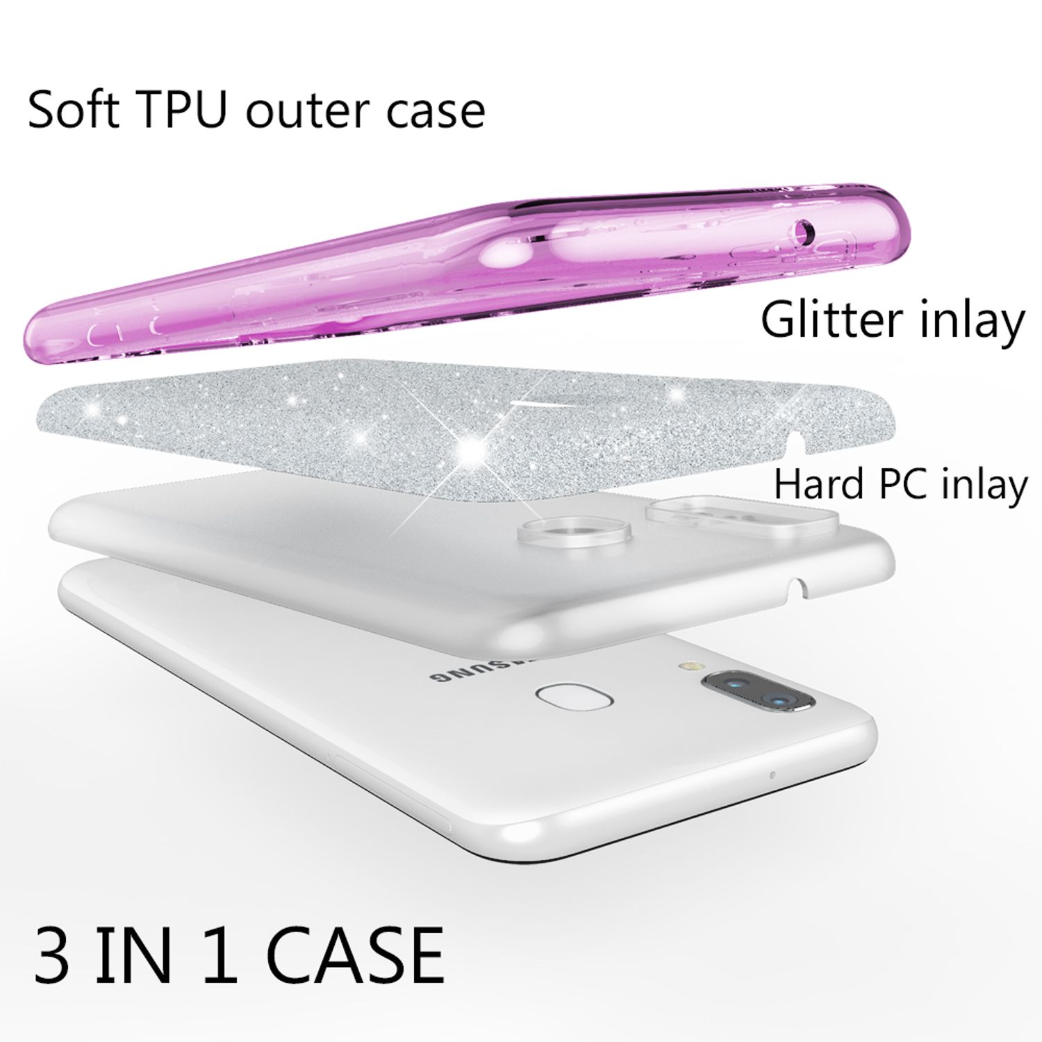 Eine Handyhülle mit Schichten, mit dem Text '3 in 1 case' und einem weißen Telefon darin.