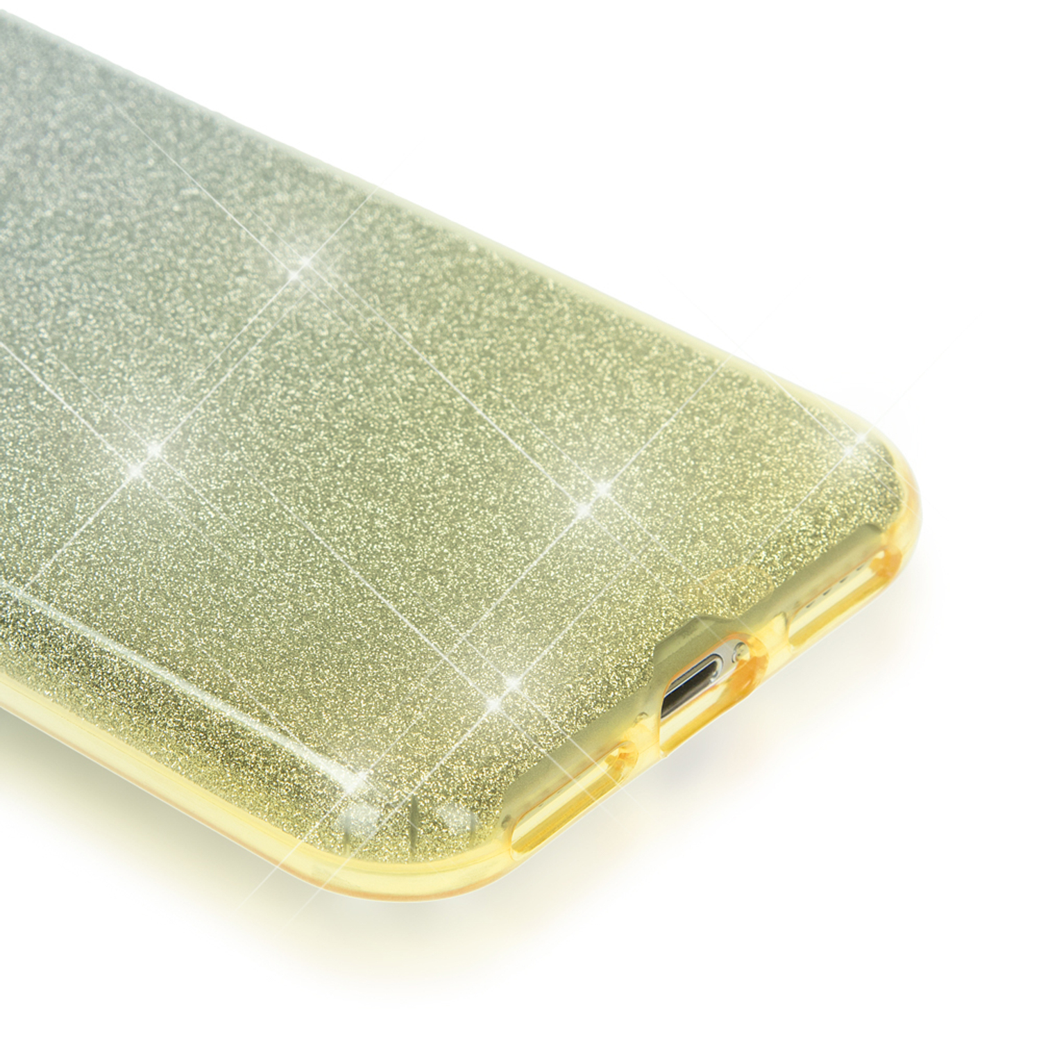 Ein Telefon mit einer glitzernden gelben Hülle, weißer Hintergrund.