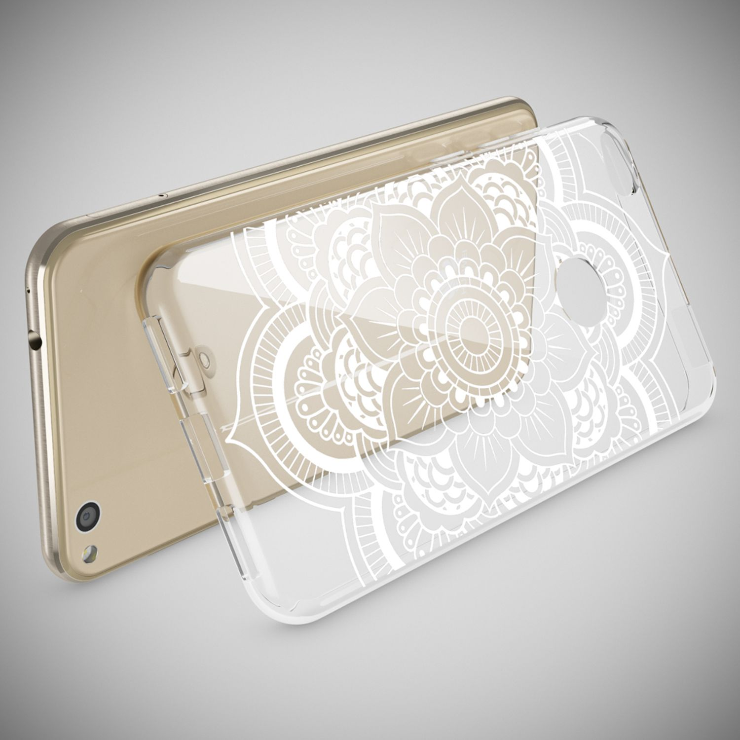 Handyhülle mit weißem Mandala-Design auf einem hellfarbenen Telefon.