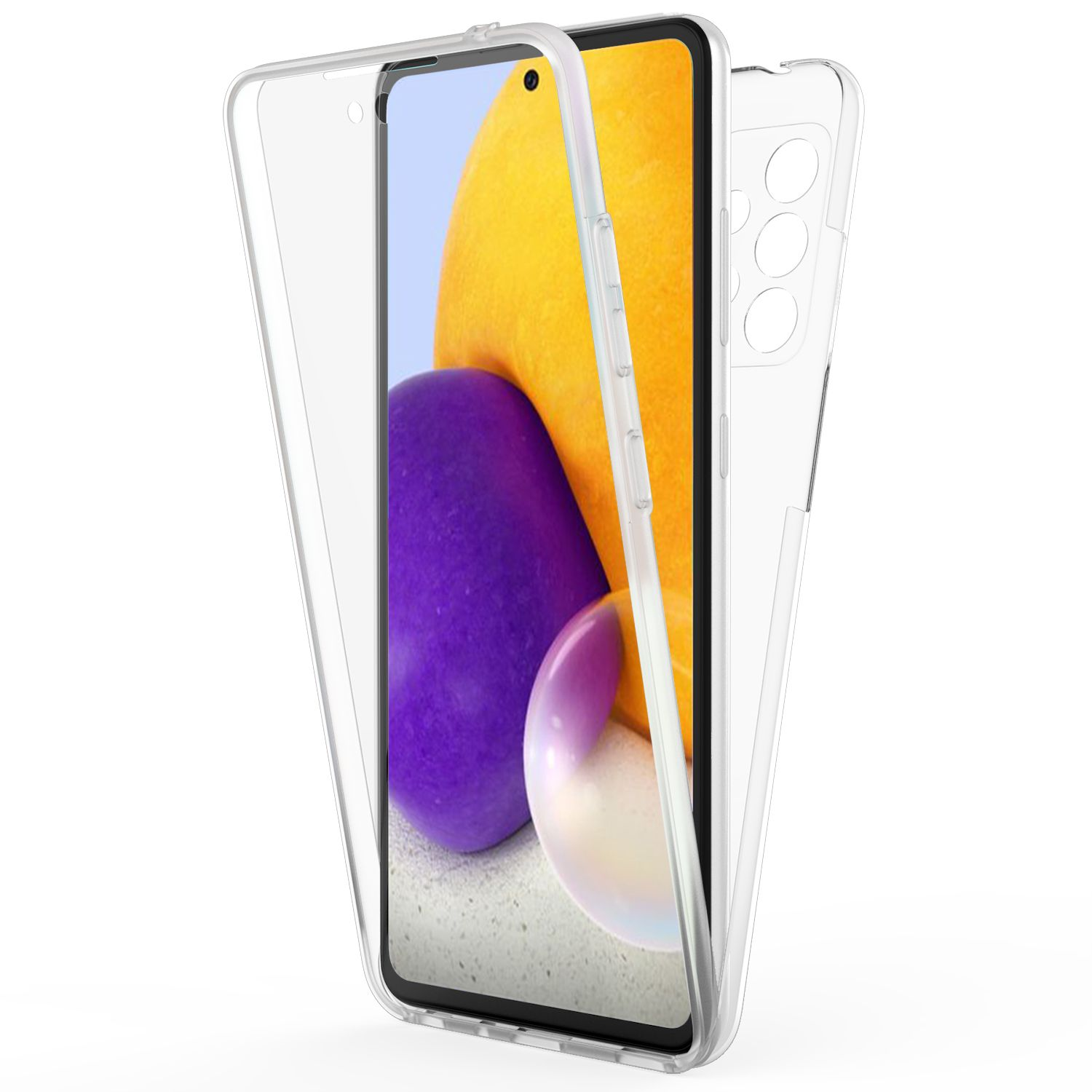 Eine transparente Handyhülle geöffnet, die ein Telefon mit farbigem Bildschirm zeigt.