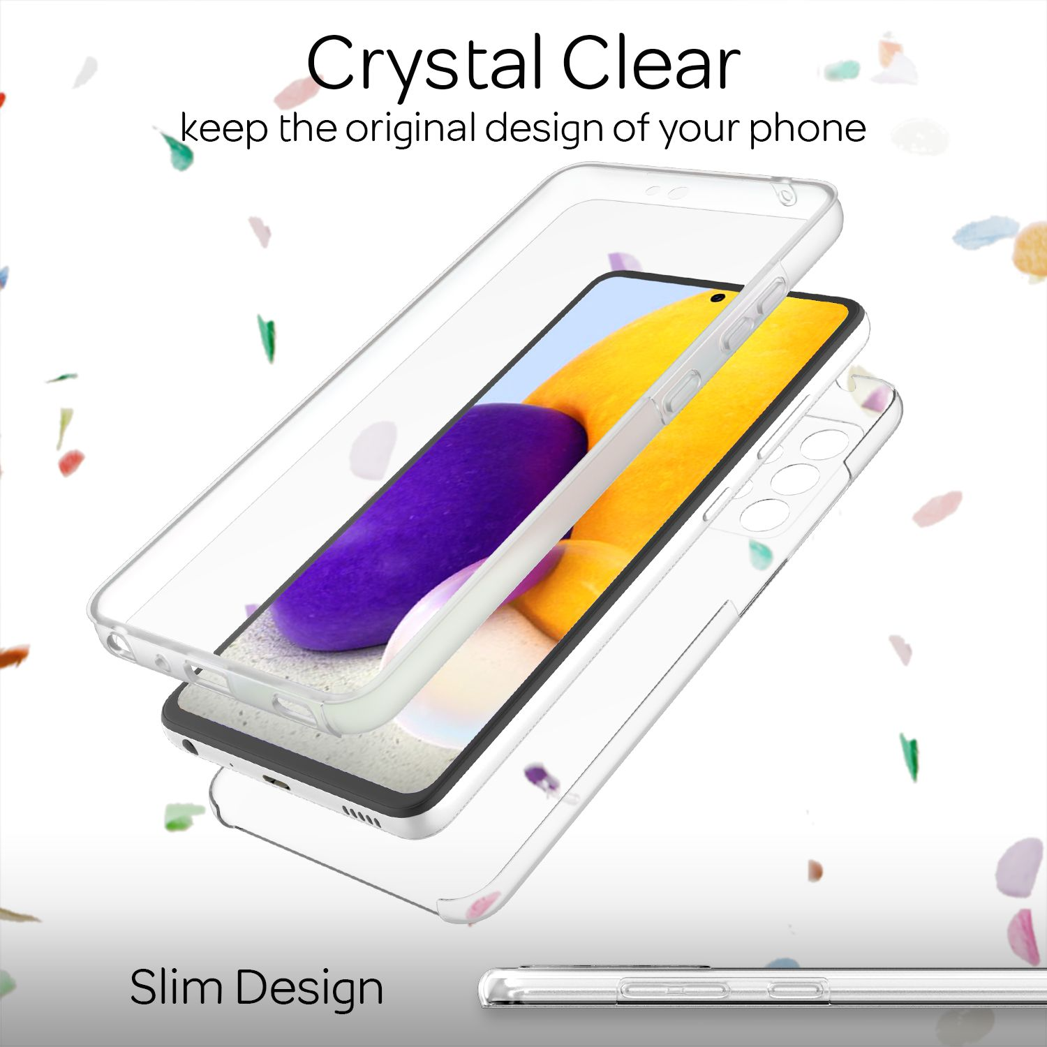 Eine transparente Handyhülle auf einem Telefon, mit explodierter Ansicht. Der Telefonbildschirm zeigt einen lila und gelben Farbverlauf.