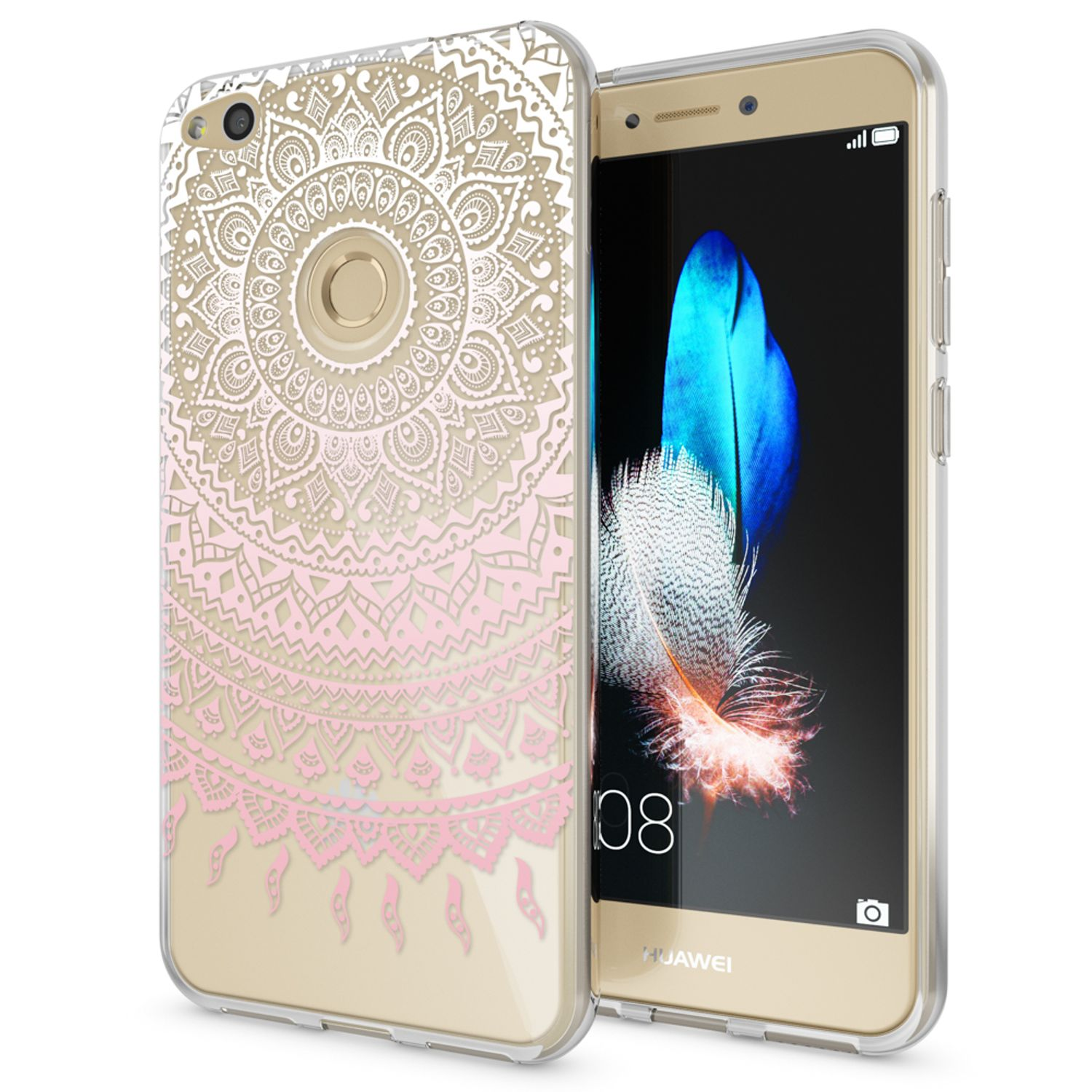 Ein goldenes Telefon mit einer transparenten Hülle, die mit einem rosa-weißen Mandala-Design verziert ist.