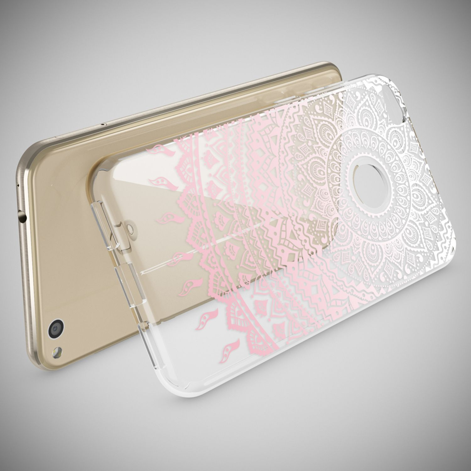 Un telefono con una custodia trasparente che ha un design a mandala rosa su sfondo bianco.