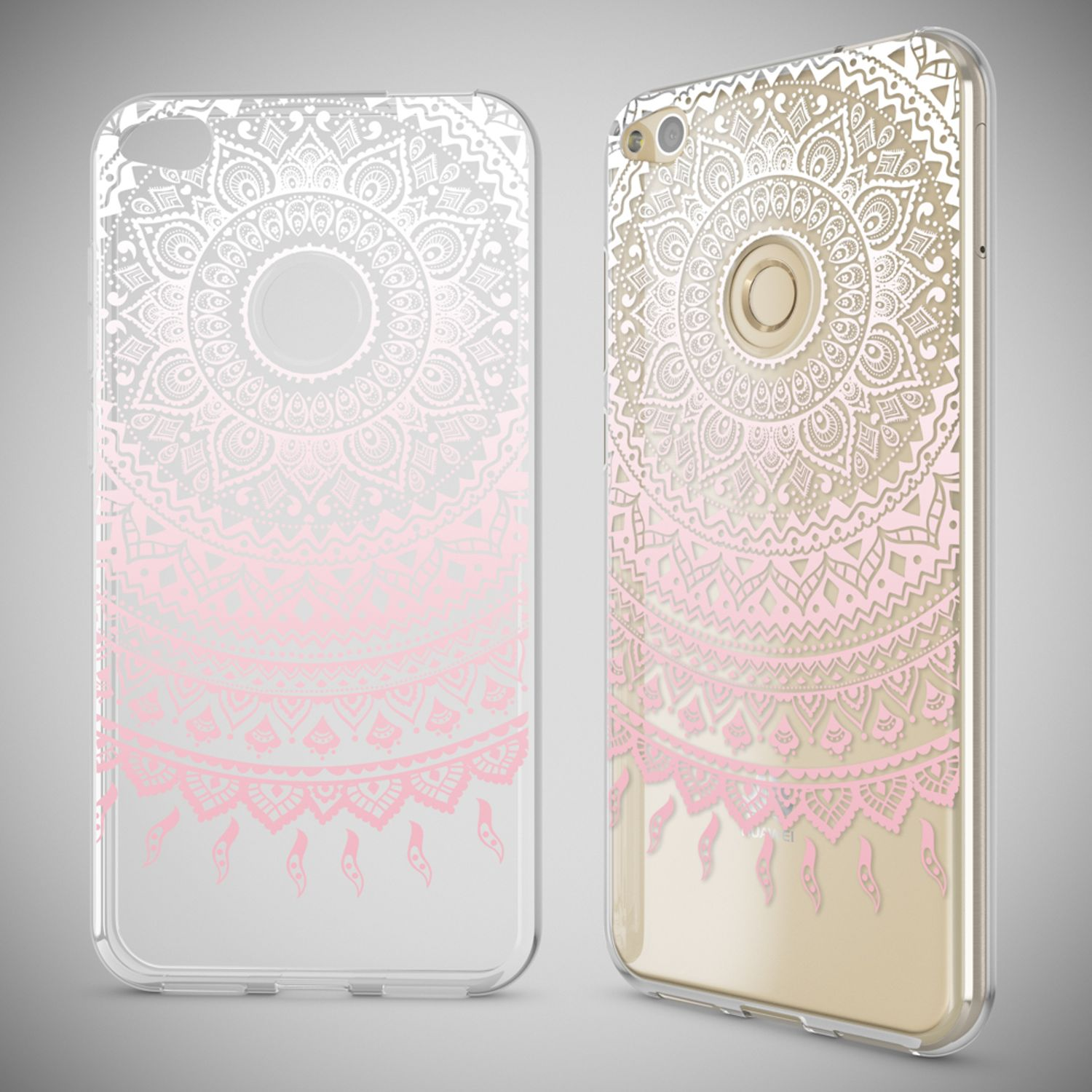 Zwei Handyhüllen mit einem rosa Mandala-Design auf goldenem Hintergrund.