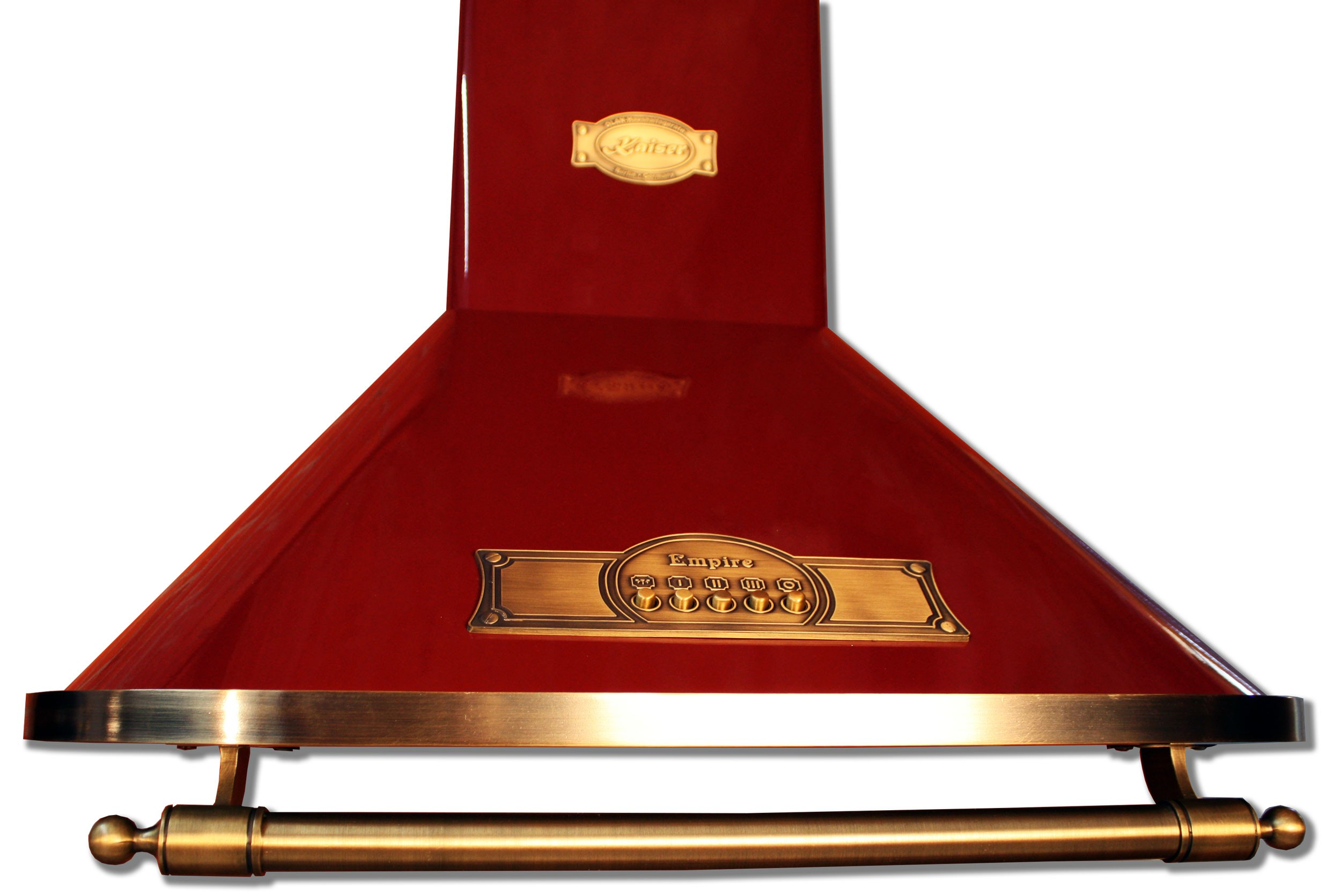 Rote Dunstabzugshaube mit goldfarbenen Zierleisten, goldenem Logo und Steuertasten.