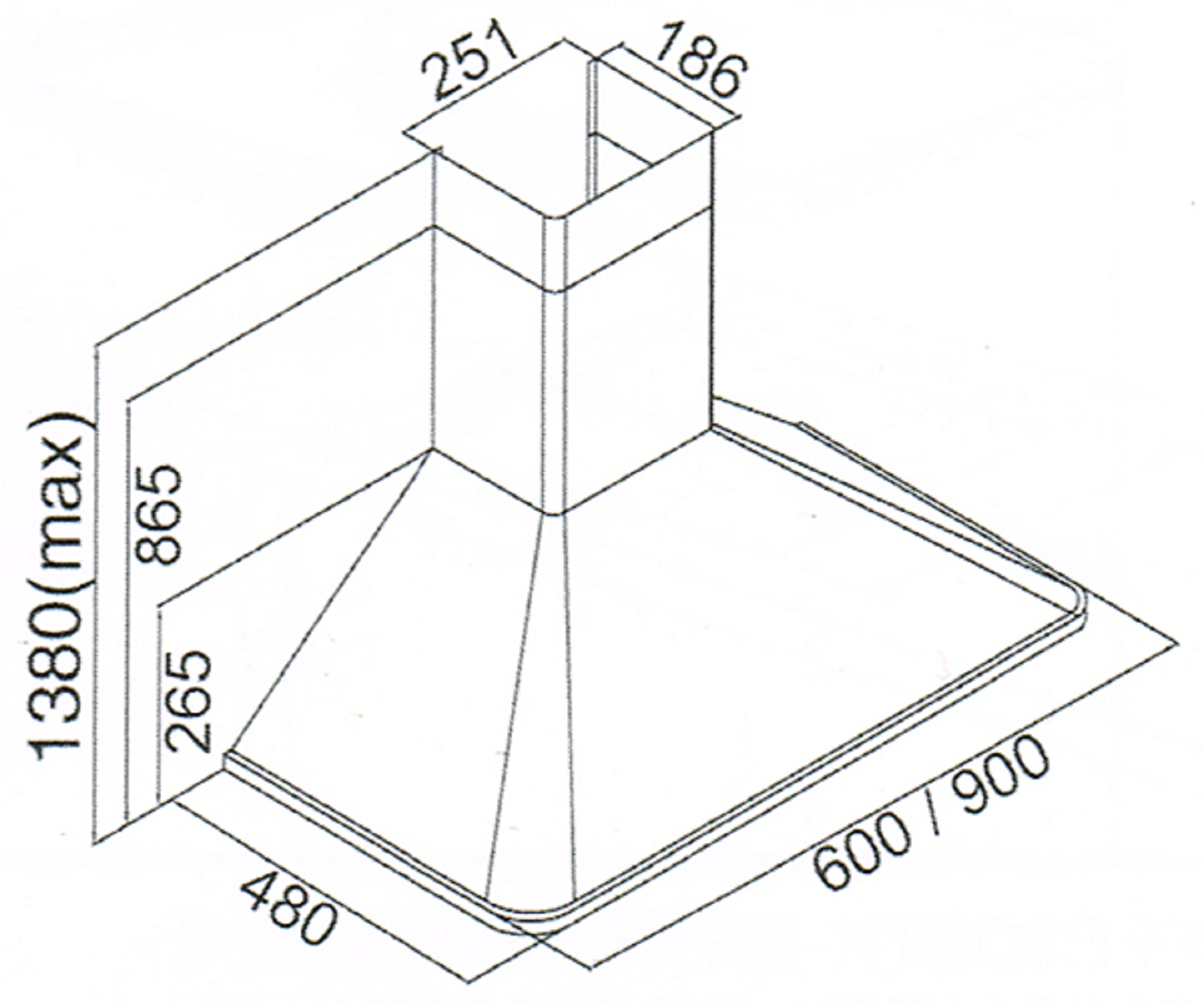 Diagramm einer Küchenhaube: Abmessungen und Maße in Millimetern angegeben.