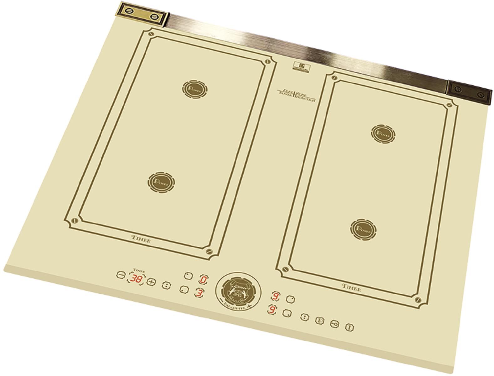 Cremefarbenes Elektrokochfeld mit vier Kochfeldern. Goldfarbene Details und Bedienfeld.