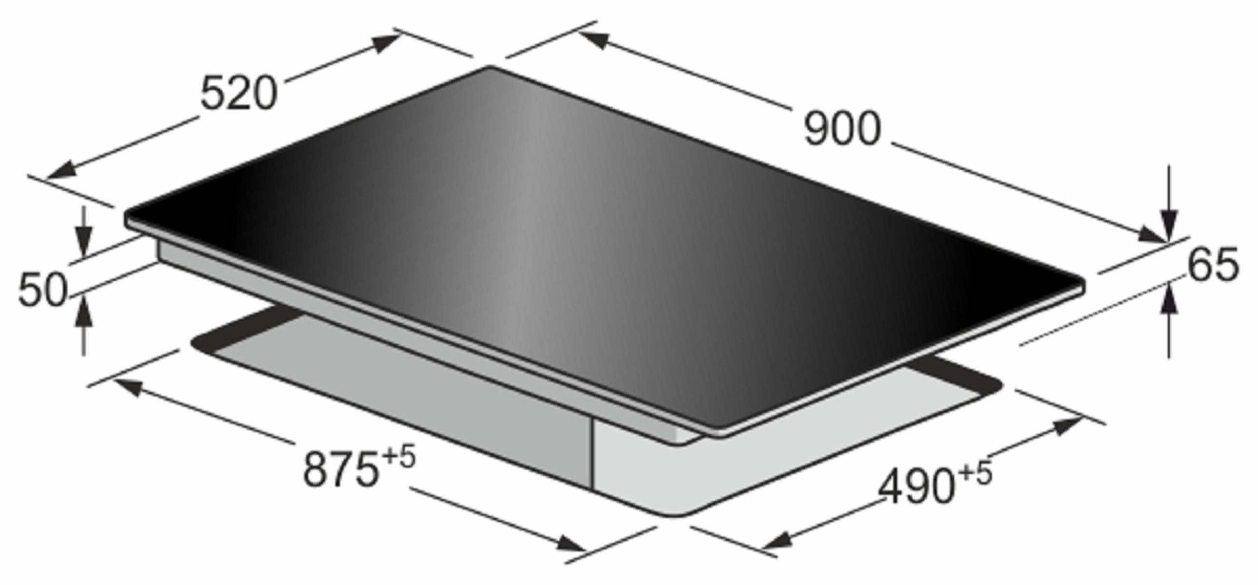 Vista isométrica de una placa de cocina negra con dimensiones.