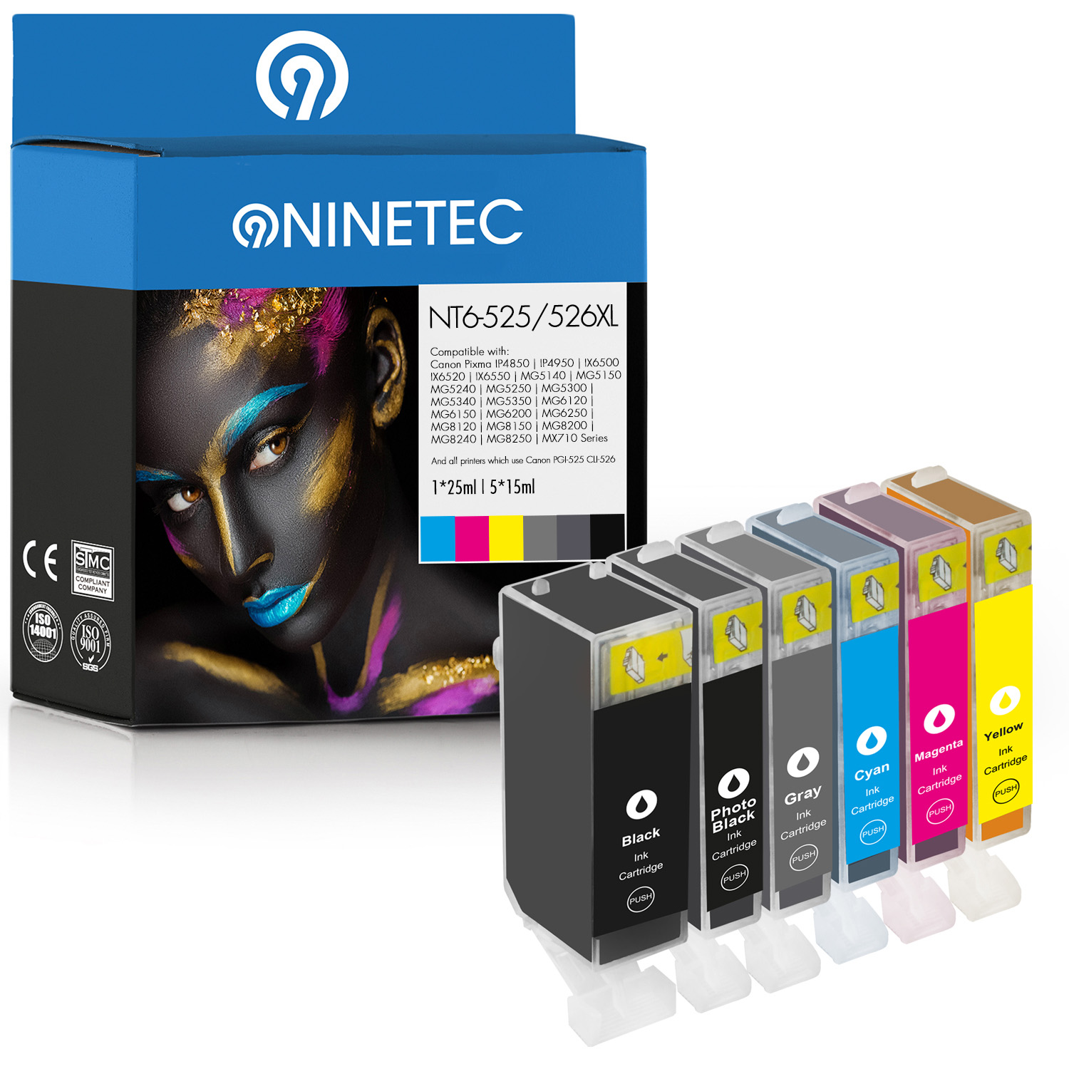 NINETEC 6er Set ersetzt Canon 017) Tintenpatronen (4540 PGI-525 magenta, B cyan, black, yellow, photoblack, CLI-526 grey