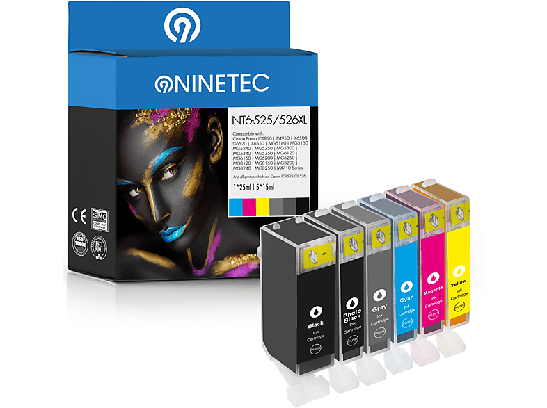 NINETEC 6er Set ersetzt Canon PGI-525 CLI-526 Tintenpatronen black, cyan, magenta, yellow, photoblack, grey (4540 B 017)