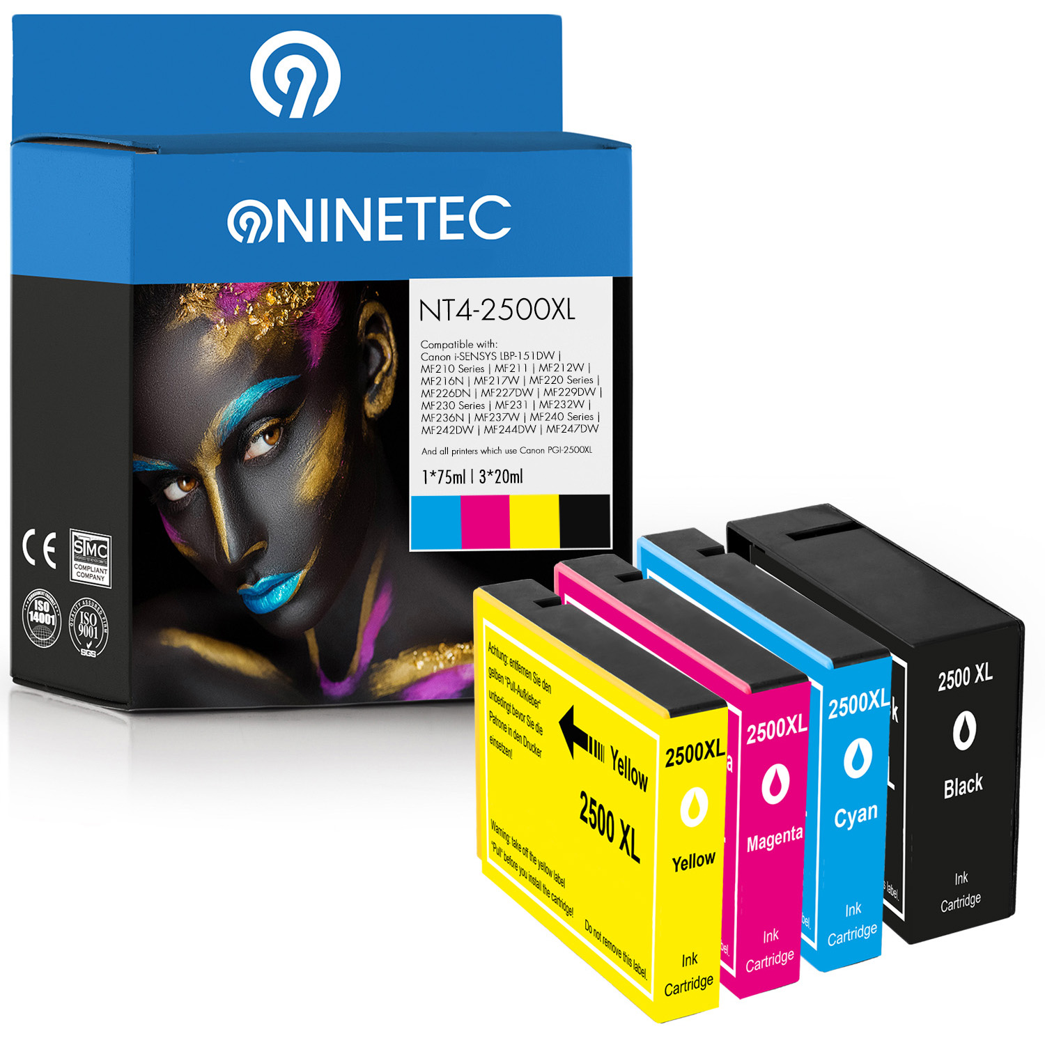 NINETEC 4er Set ersetzt Canon magenta, B 004) cyan, black, Tintenpatronen PGI-2500 yellow (9254